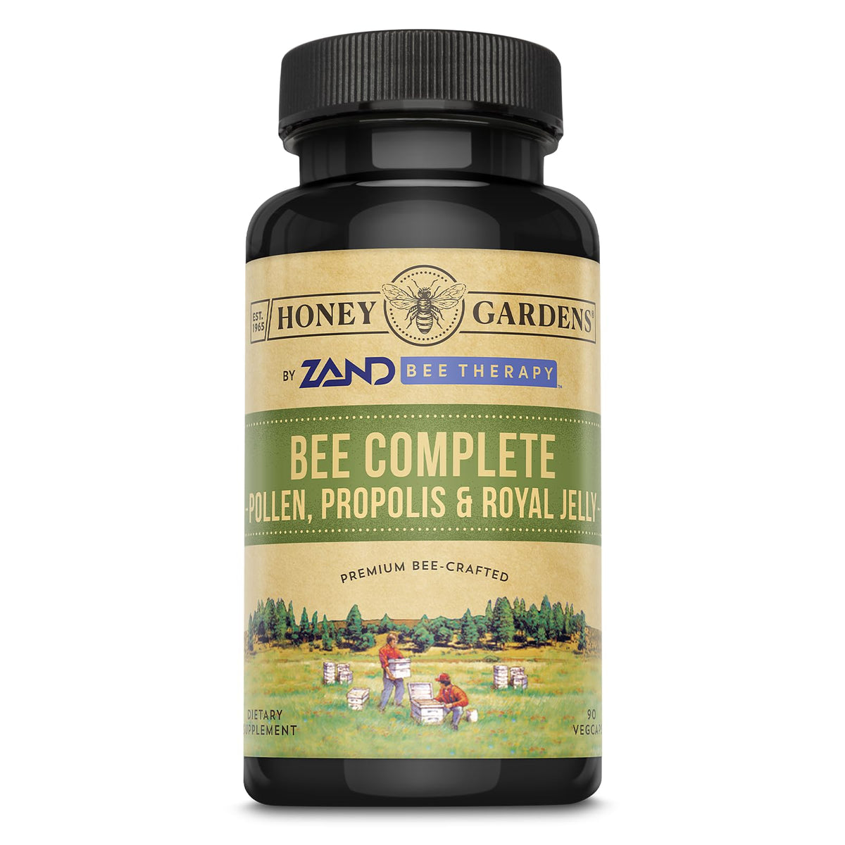 Honey Gardens Bee Pollen, Royal Jelly & Propolis Capsules bottle label