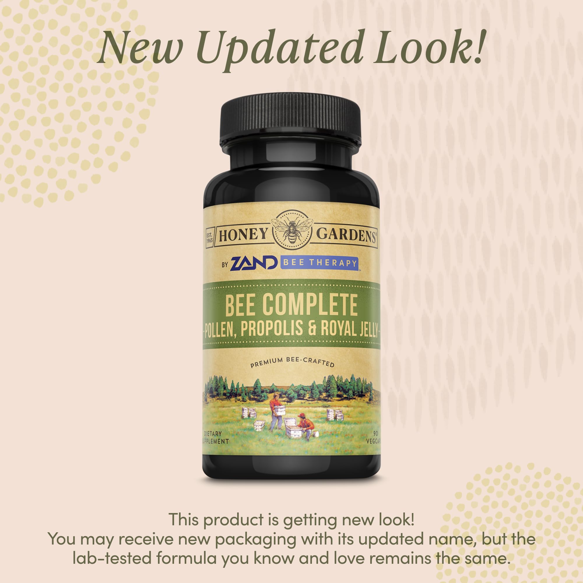 Close-up of Honey Gardens capsules with packaging showing 90 count