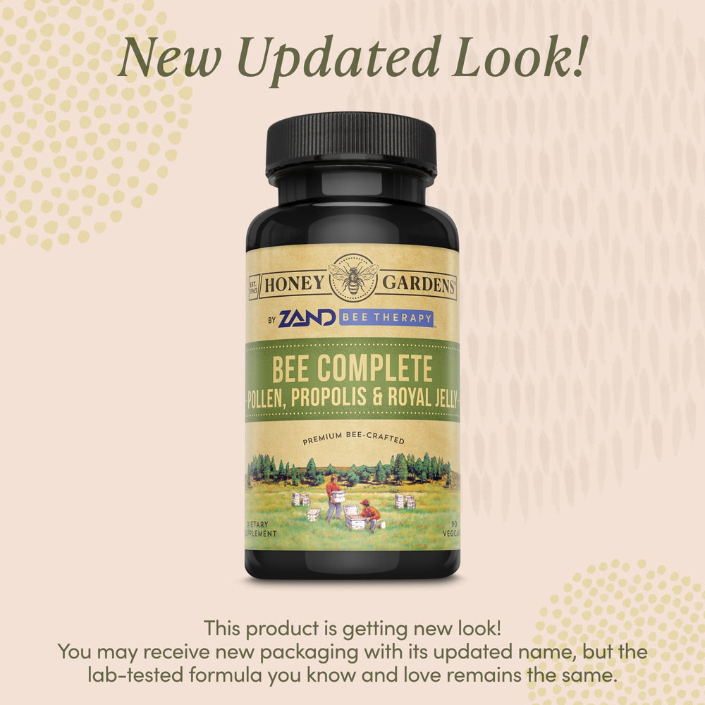 Close-up of Honey Gardens capsules with packaging showing 90 count
