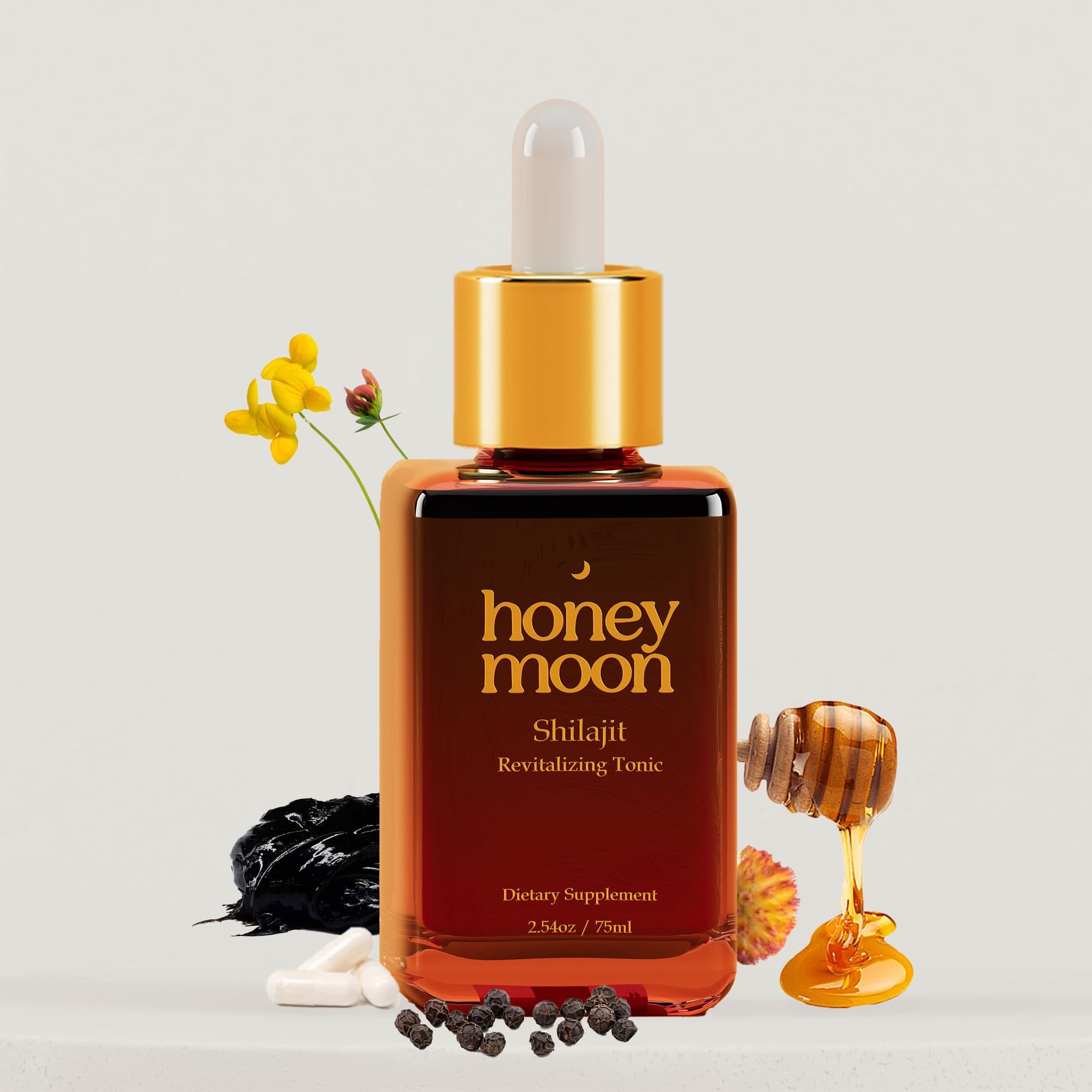 Bottle of HONEY MOON Organica Shilajit Drops with wildflower honey