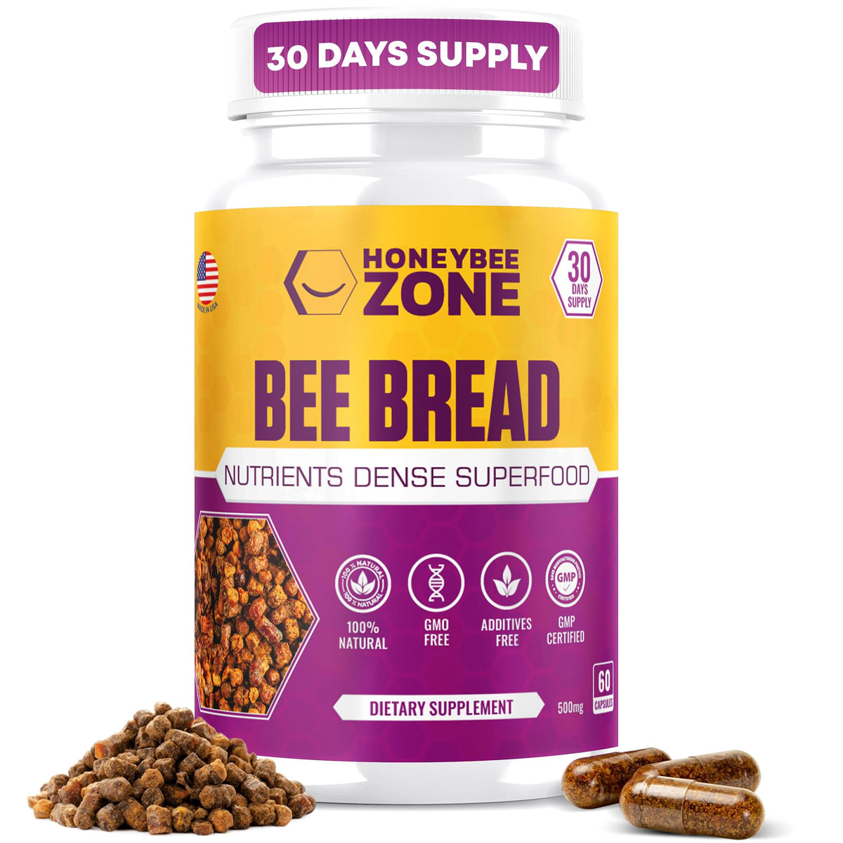 HONEYBEEZONE Bee Bread Capsules bottle with label