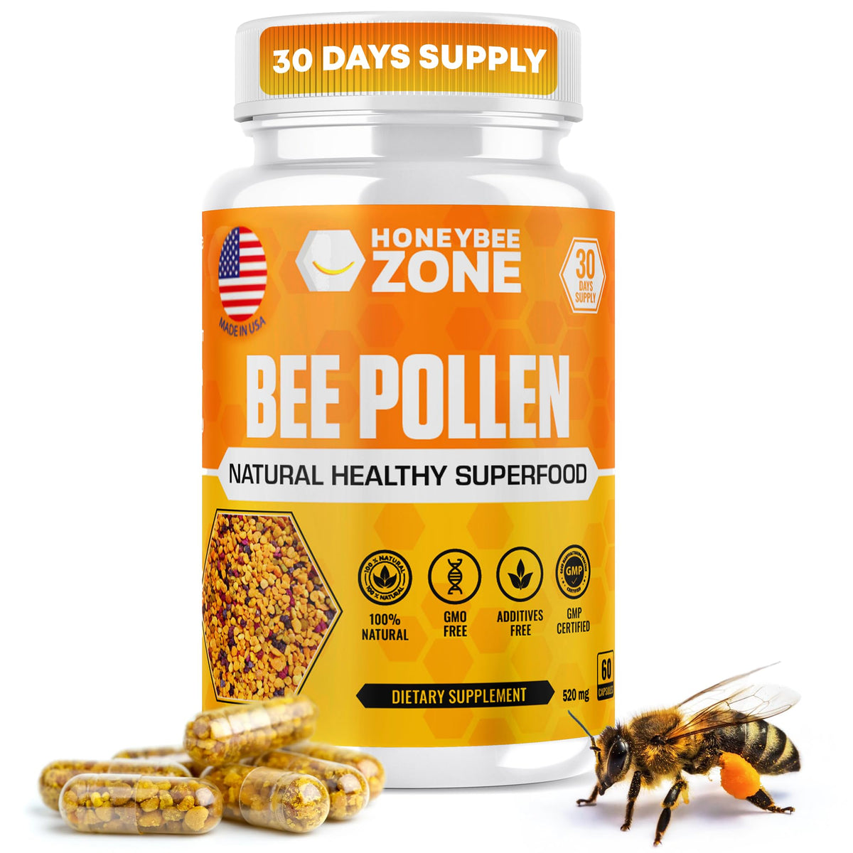 HoneyBeezone Bee Pollen Supplement in Veggie Caps