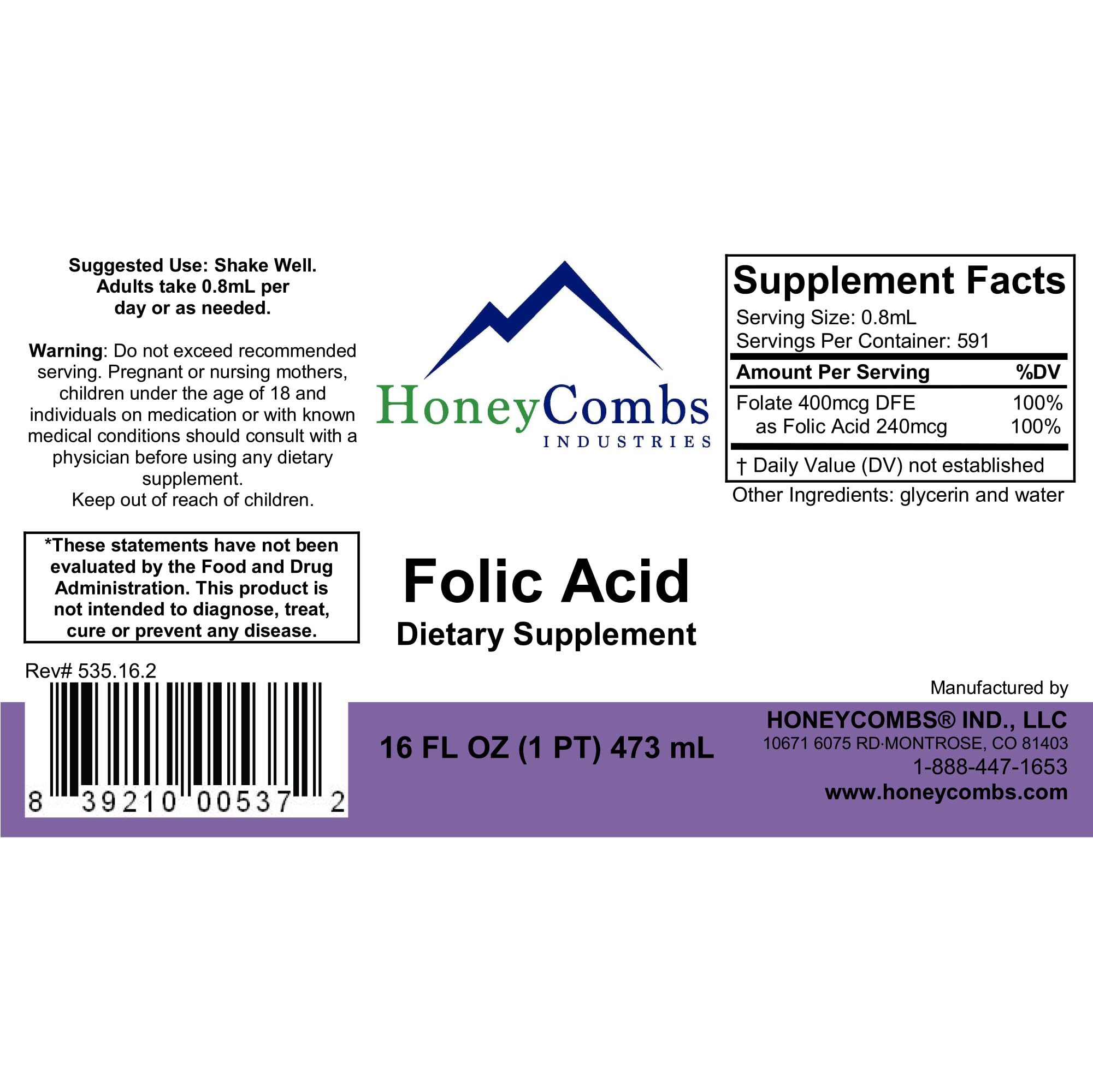 Vegan, gluten-free Vitamin B9 liquid drops ingredients label