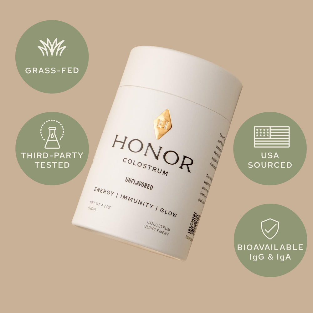 HONOR colostrum powder label highlights IgG antibodies as part of its nutrient profile.