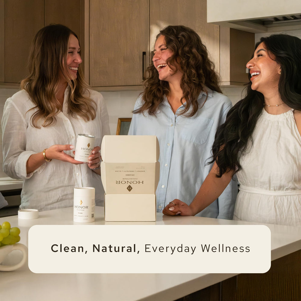 HONOR colostrum powder stirred into water highlights clean, versatile nutrition.