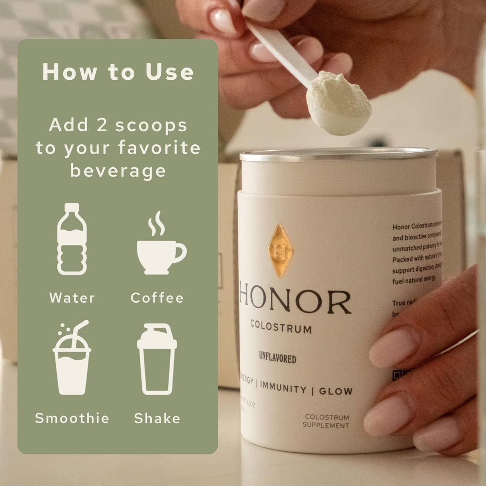 Close-up of HONOR colostrum powder texture shows minimally processed, unflavored formula.