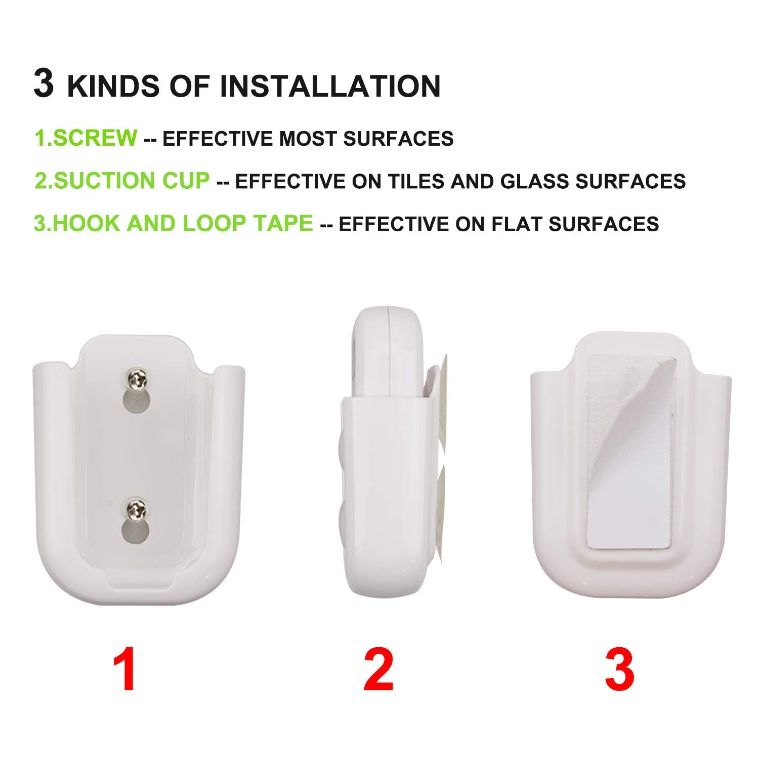 Included accessories: suction cups, hook-and-loop tape, screws and user manual
