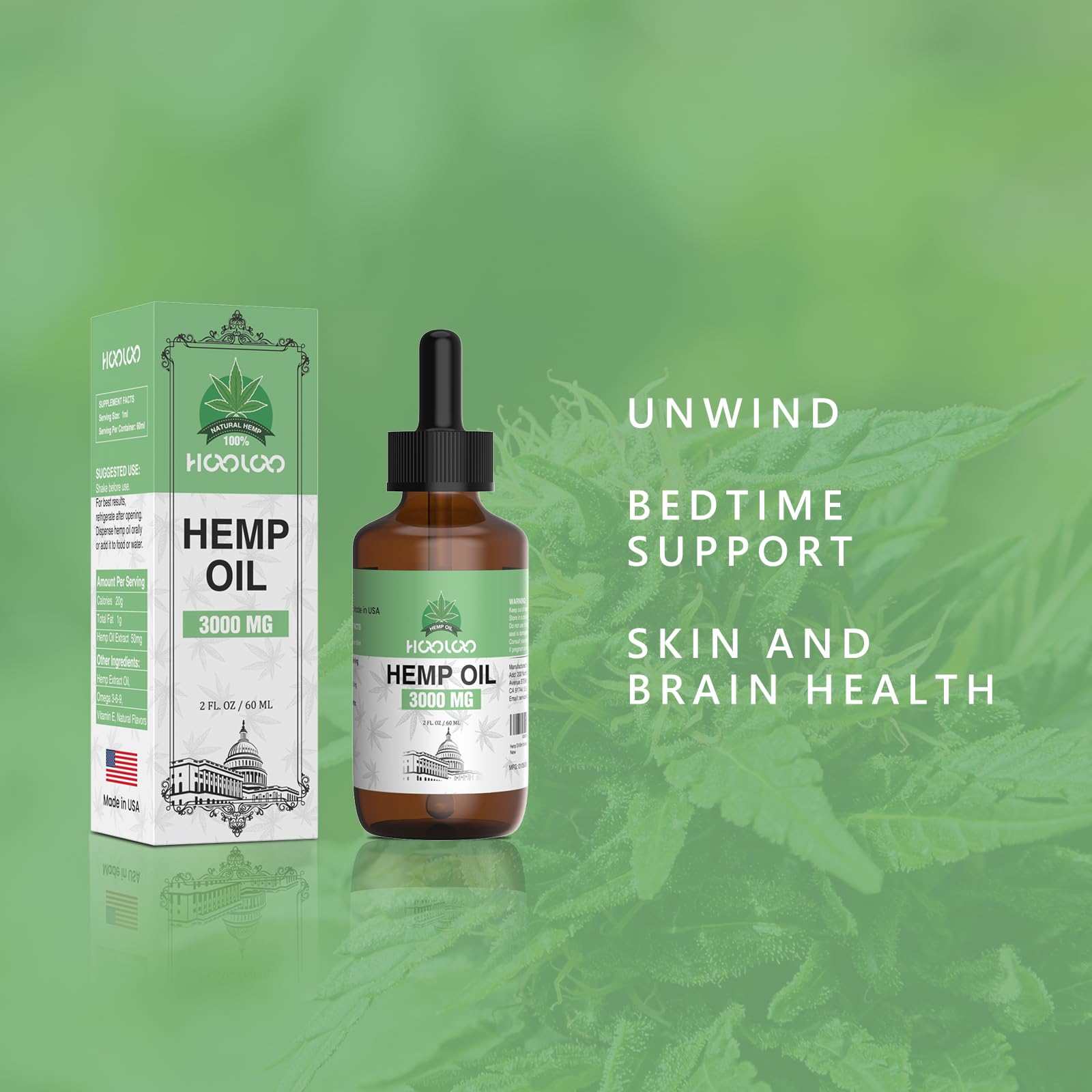 Close-up of HOOLOO hemp oil bottle and dropper