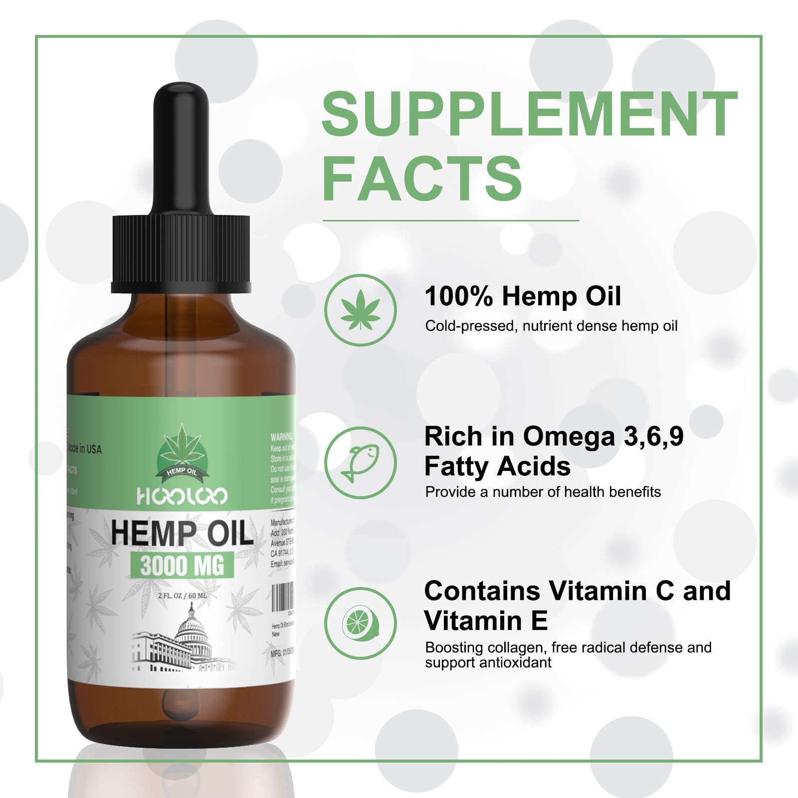 Front label of HOOLOO Hemp Oil with product details