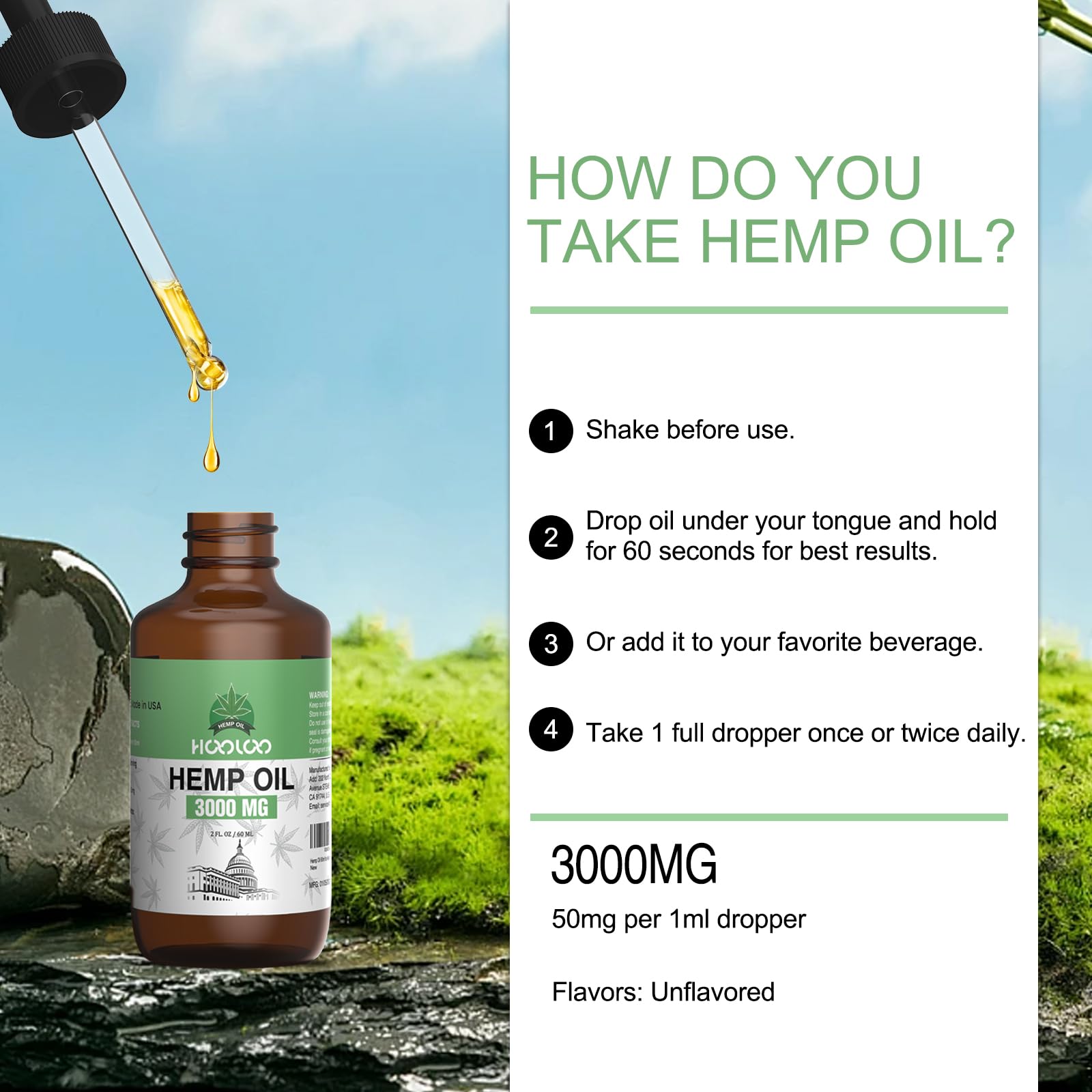 HOOLOO Hemp Oil packaging and bottle beside box