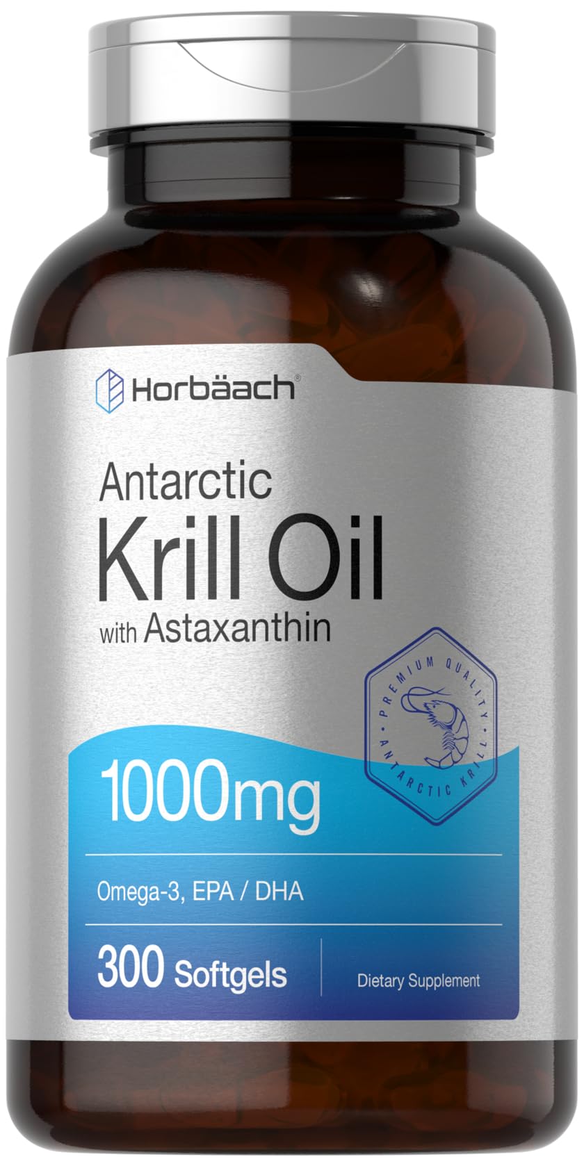 Front view of Horbaach Antarctic Krill Oil 1000mg softgels bottle