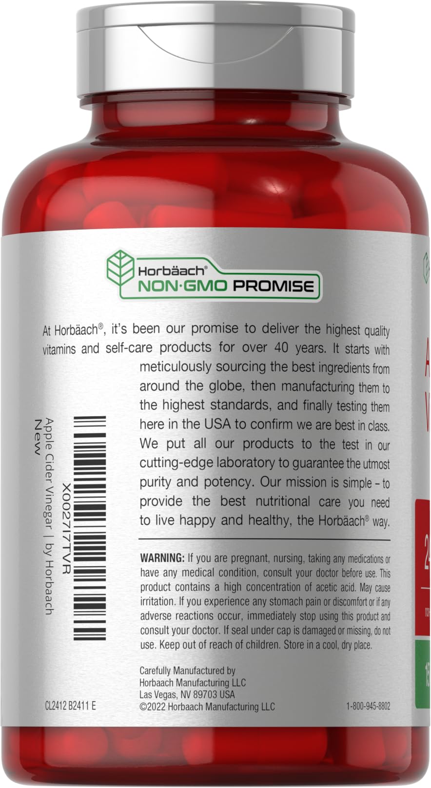 Label highlighting 2,400 mg Apple Cider Vinegar per serving on bottle