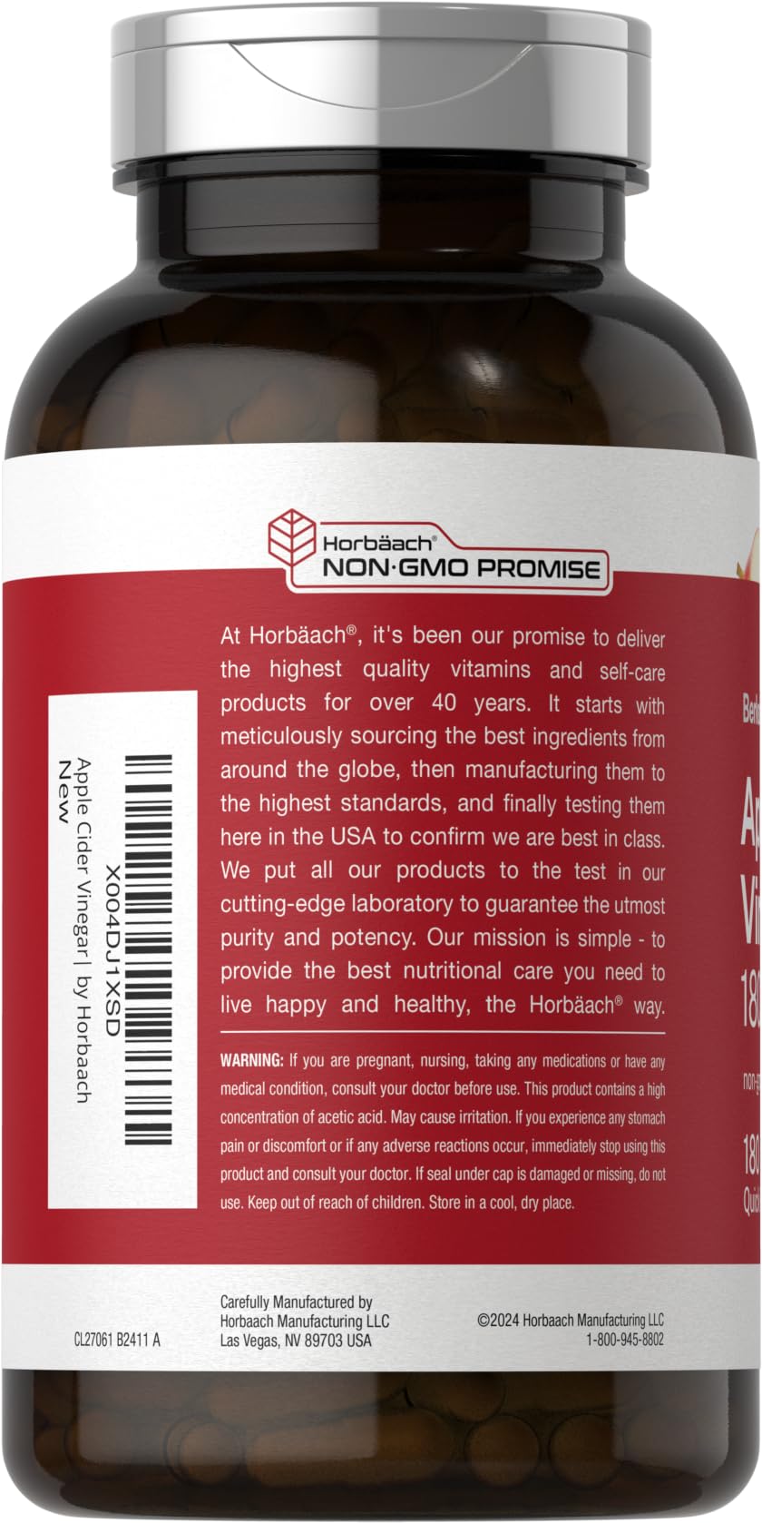 Horbaach Apple Cider Vinegar Capsules label closeup emphasizes product clarity