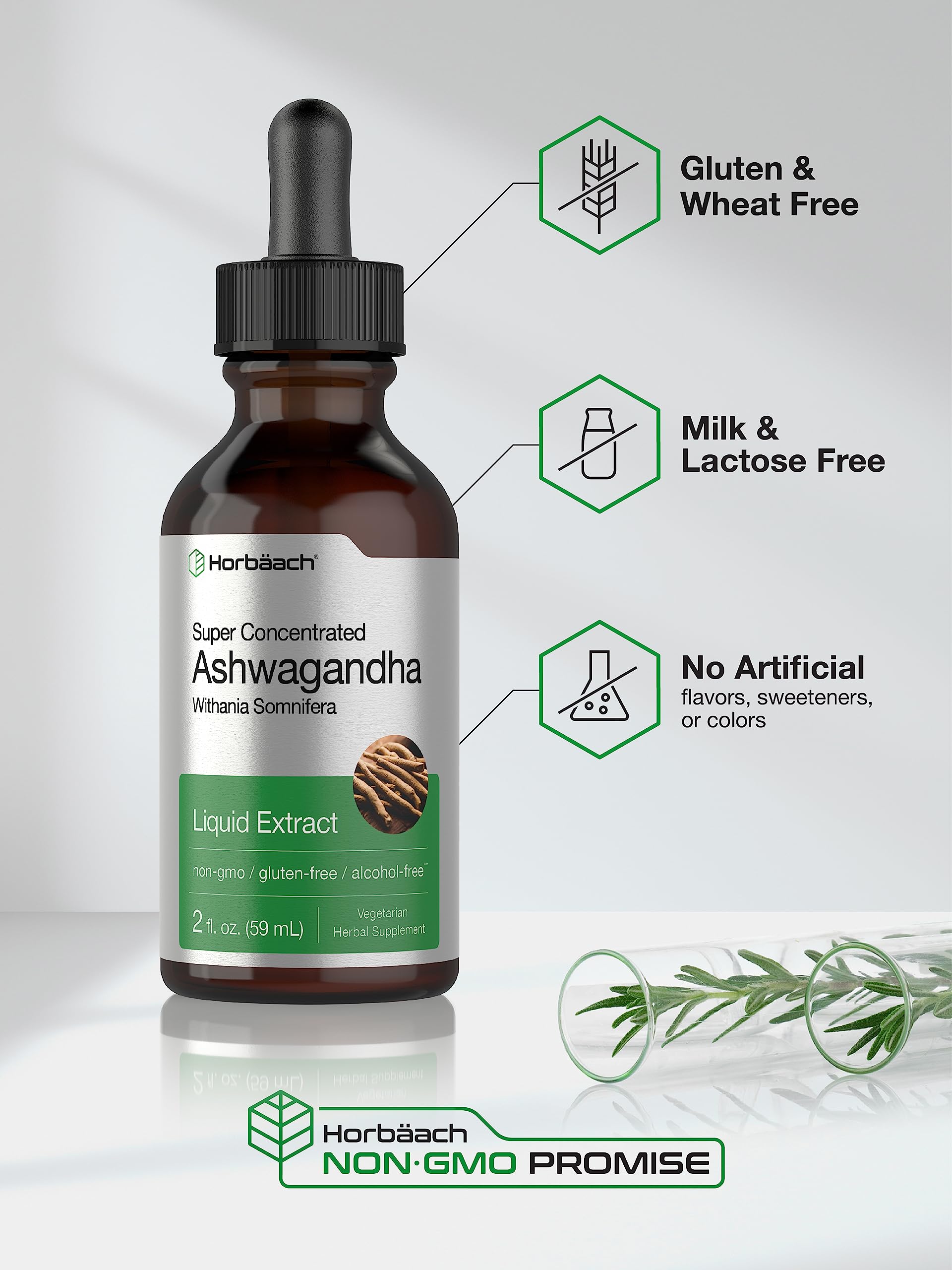 Alcohol-free Ashwagandha tincture bottle on white background