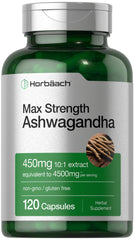 Bottle of Horbaach Ashwagandha supplement, 120 capsules