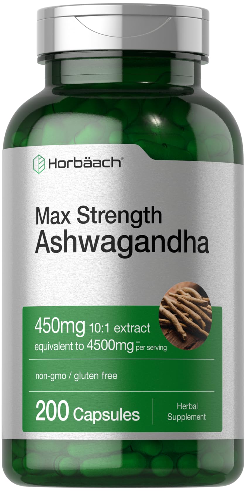 Horbäach Ashwagandha supplement bottle with Max Strength label