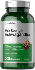 Horbäach Ashwagandha supplement bottle with Max Strength label