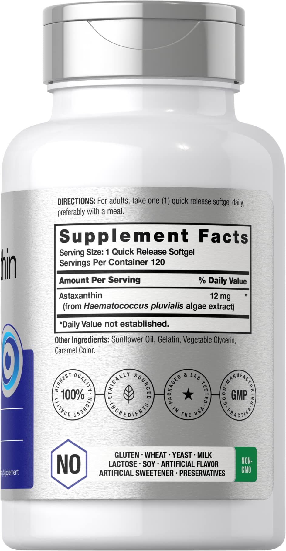 Label showing 12 mg Astaxanthin and 120 softgels