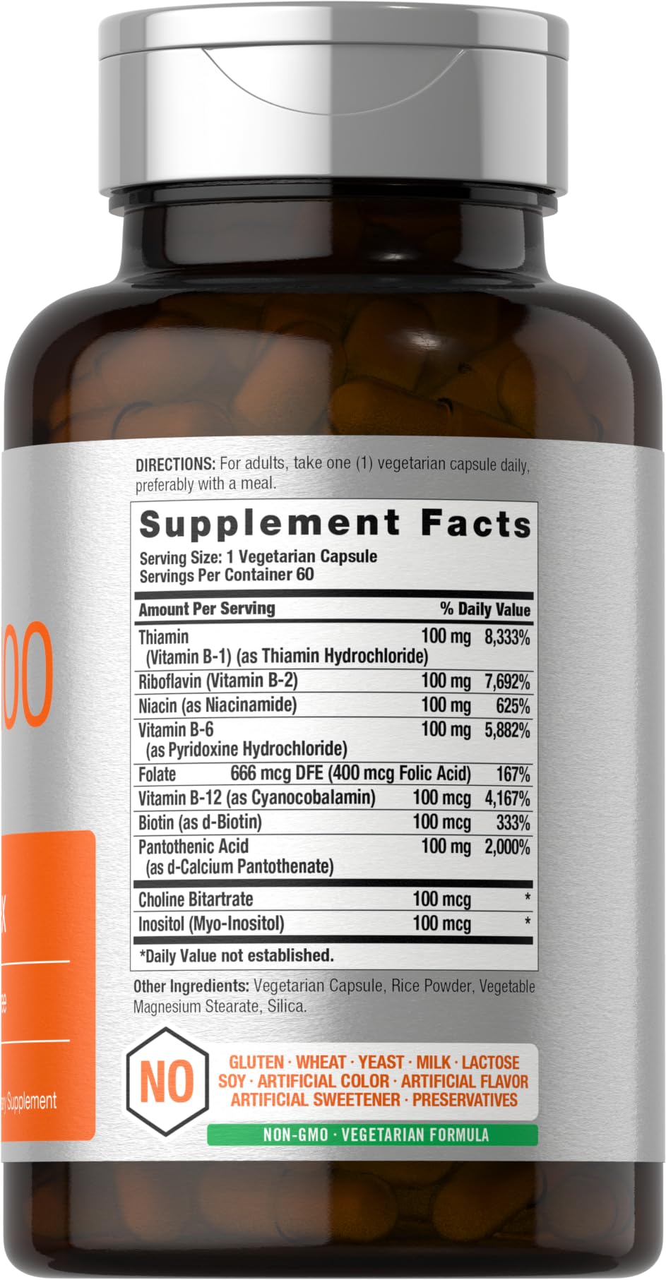 Close-up of B-100 Complex Vitamin capsules in bottle