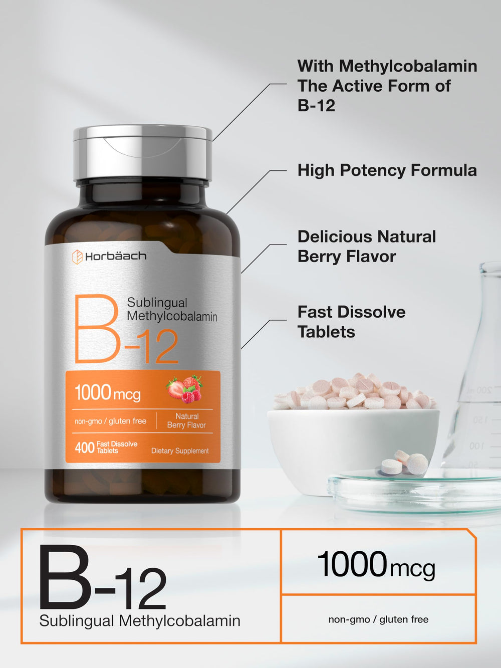 Horbaach B12 Sublingual 1000 mcg Berry Flavor - 400 Tablets