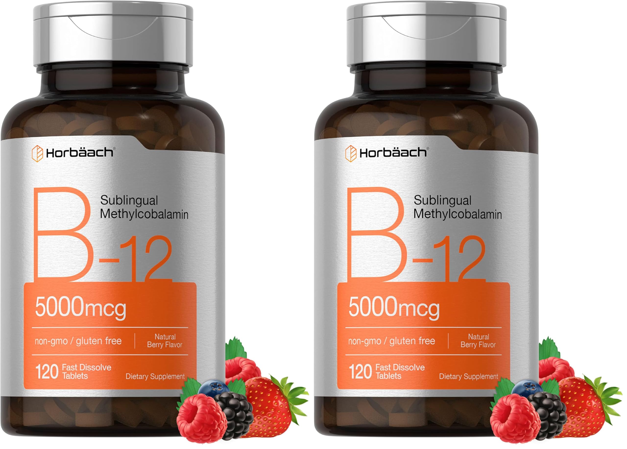 Horbäach B12 5000 mcg Sublingual Tablets Berry Flavor bottle front
