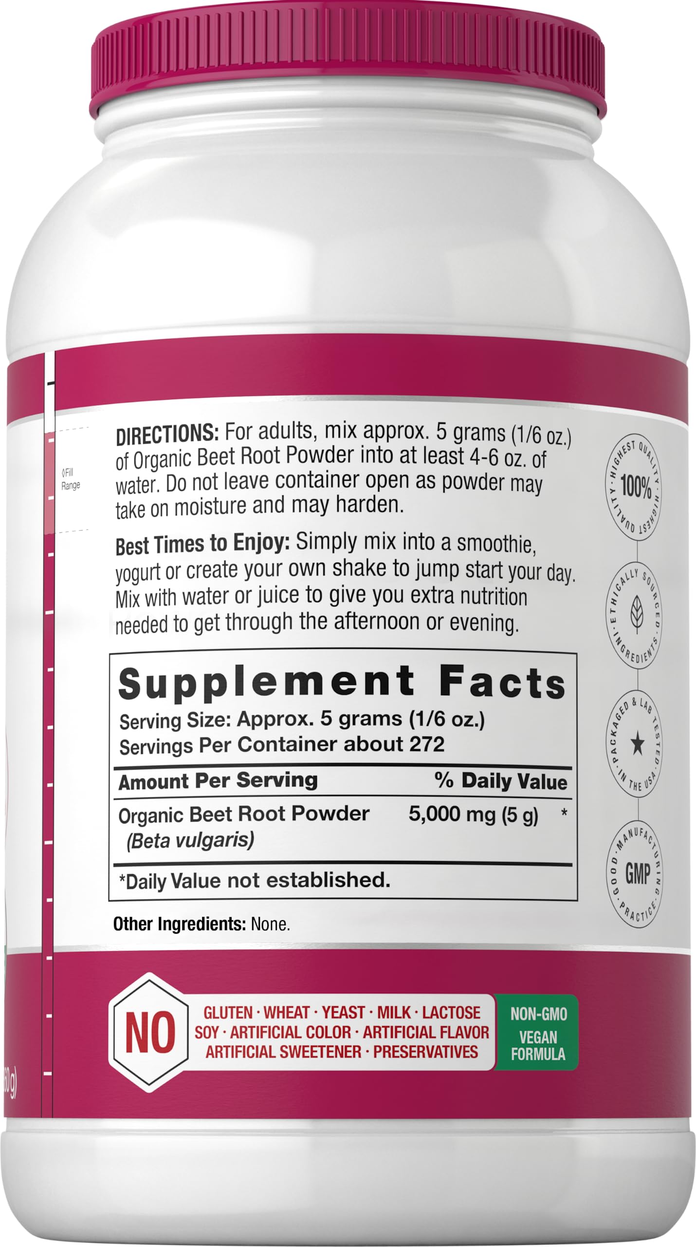 Beet root powder being poured from a scoop.