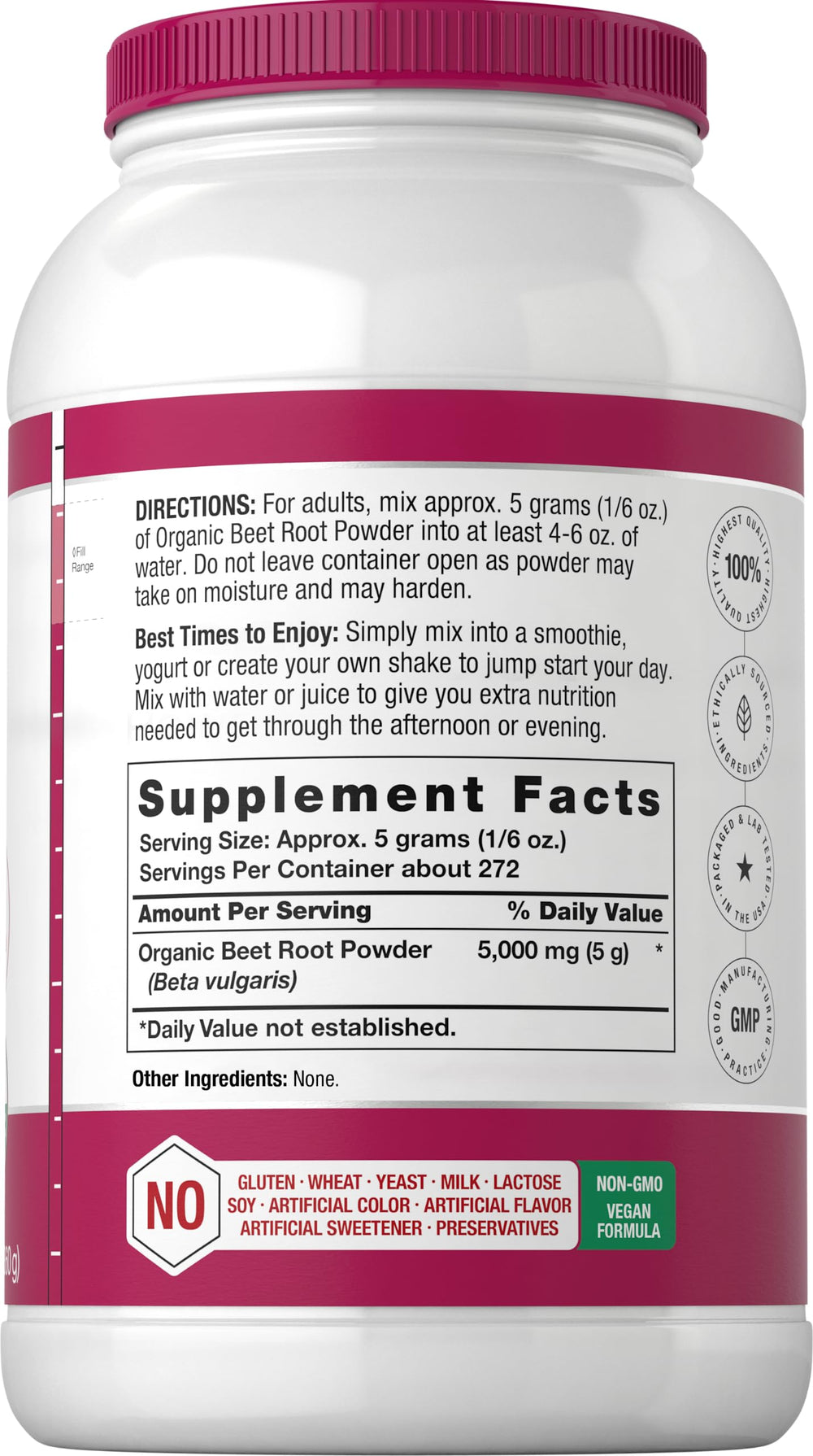 Beet root powder being poured from a scoop.