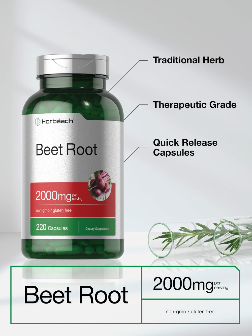 Beet root powder capsule bottle label with non-GMO claim