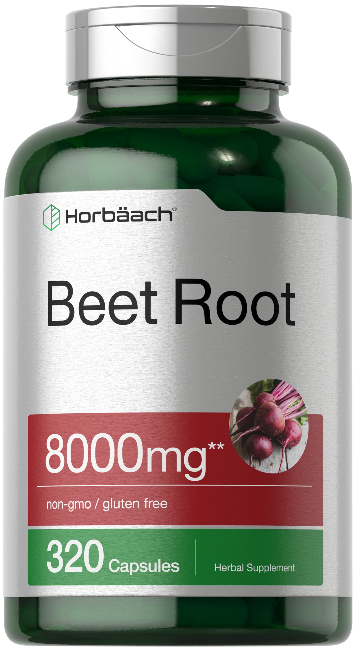 Beet Root Powder Capsules bottle front view - Horbäach 8000mg 320 Capsules