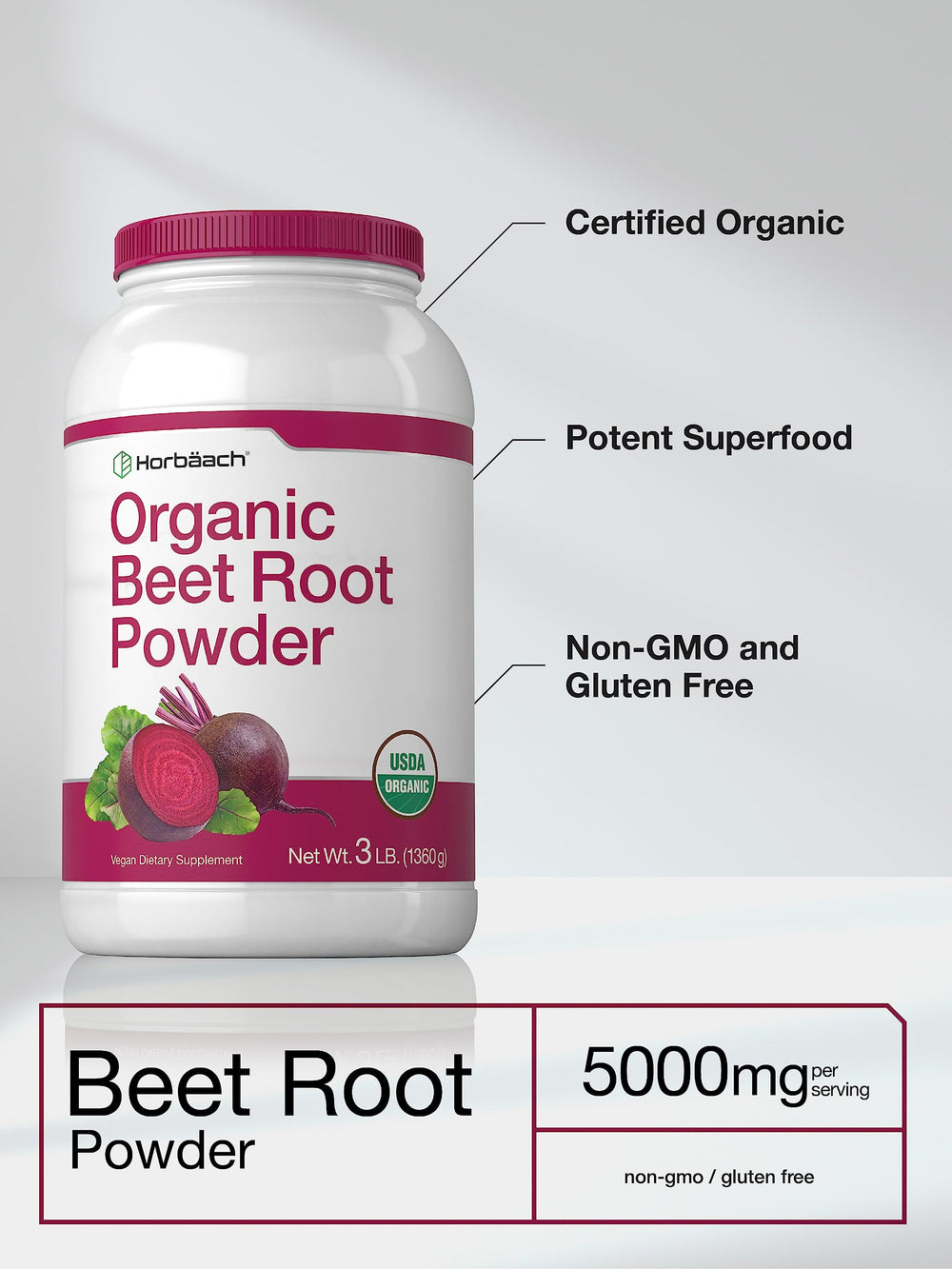 Close-up of Horbaach beet root powder label.