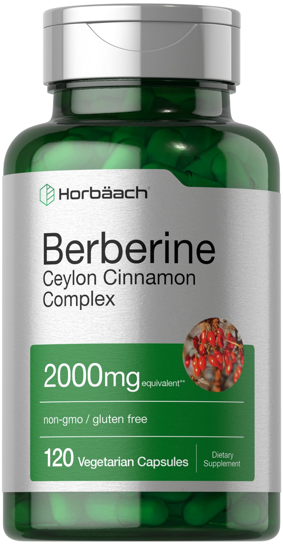 Bottle of Horbäach Berberine with Ceylon Cinnamon 2000mg 120 veggie capsules