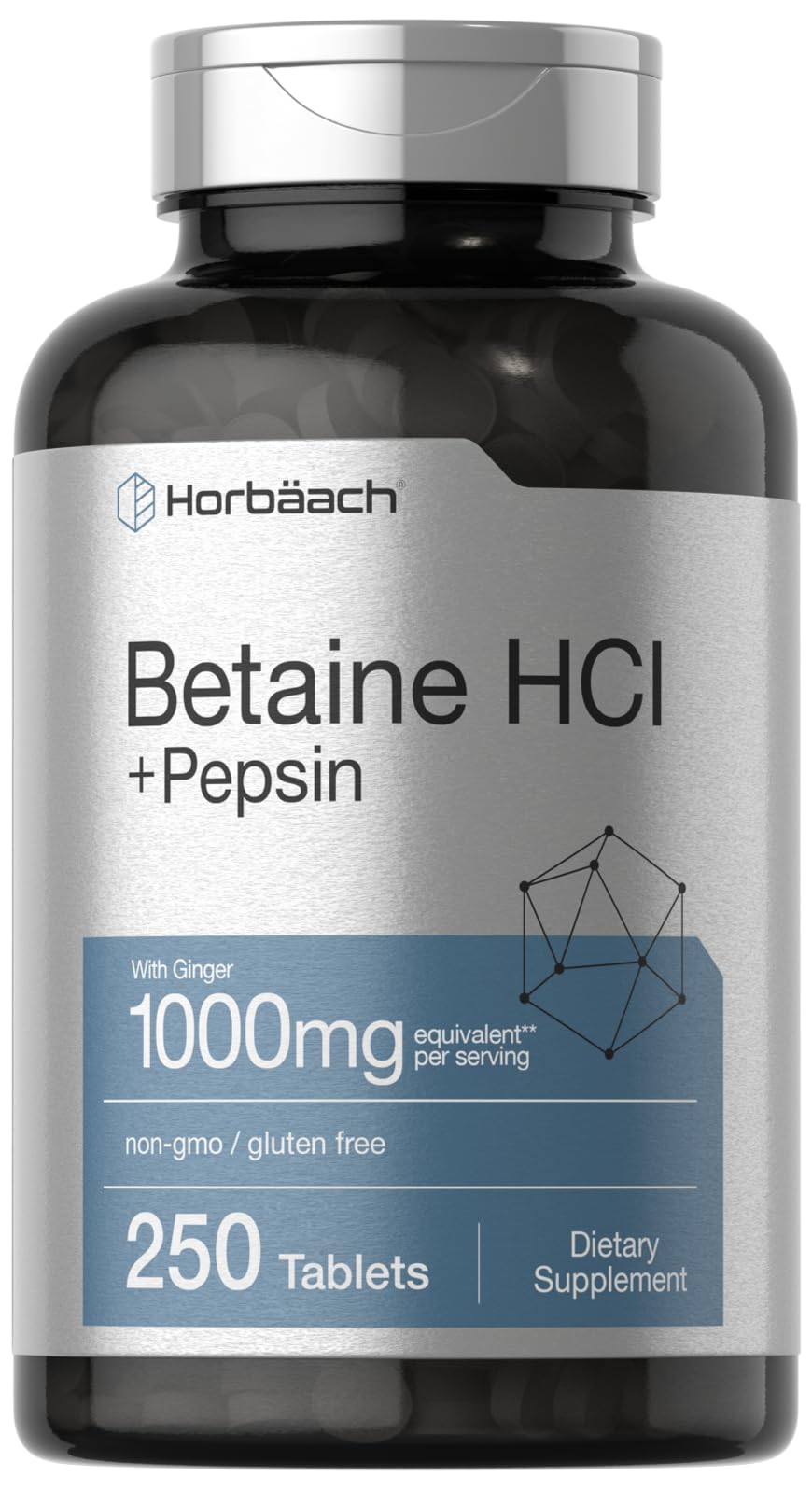 Horbäach Betaine HCl with Pepsin 1000mg Ginger Root tablets – 250 count