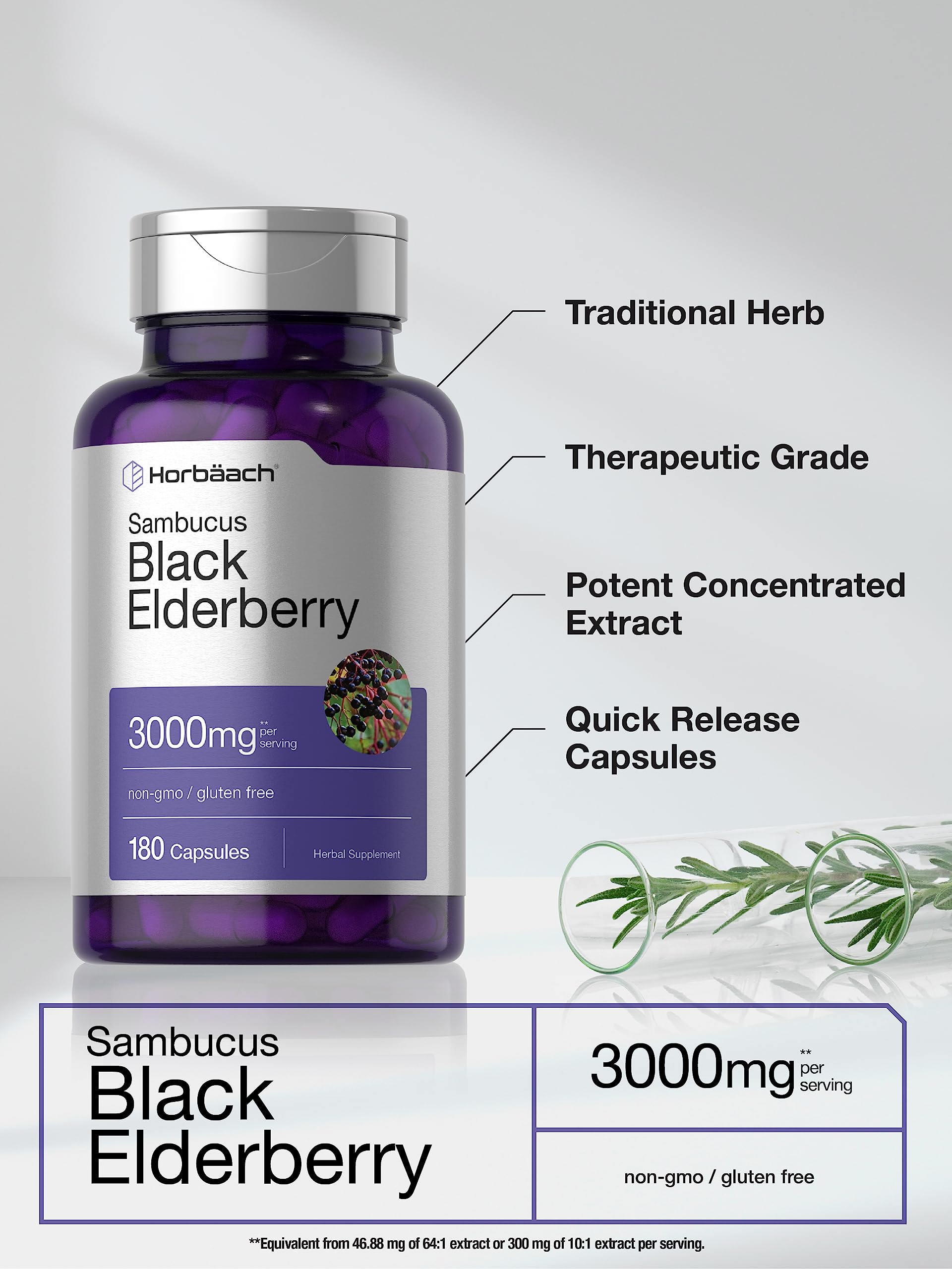 Close-up of Horbaach Black Elderberry capsules