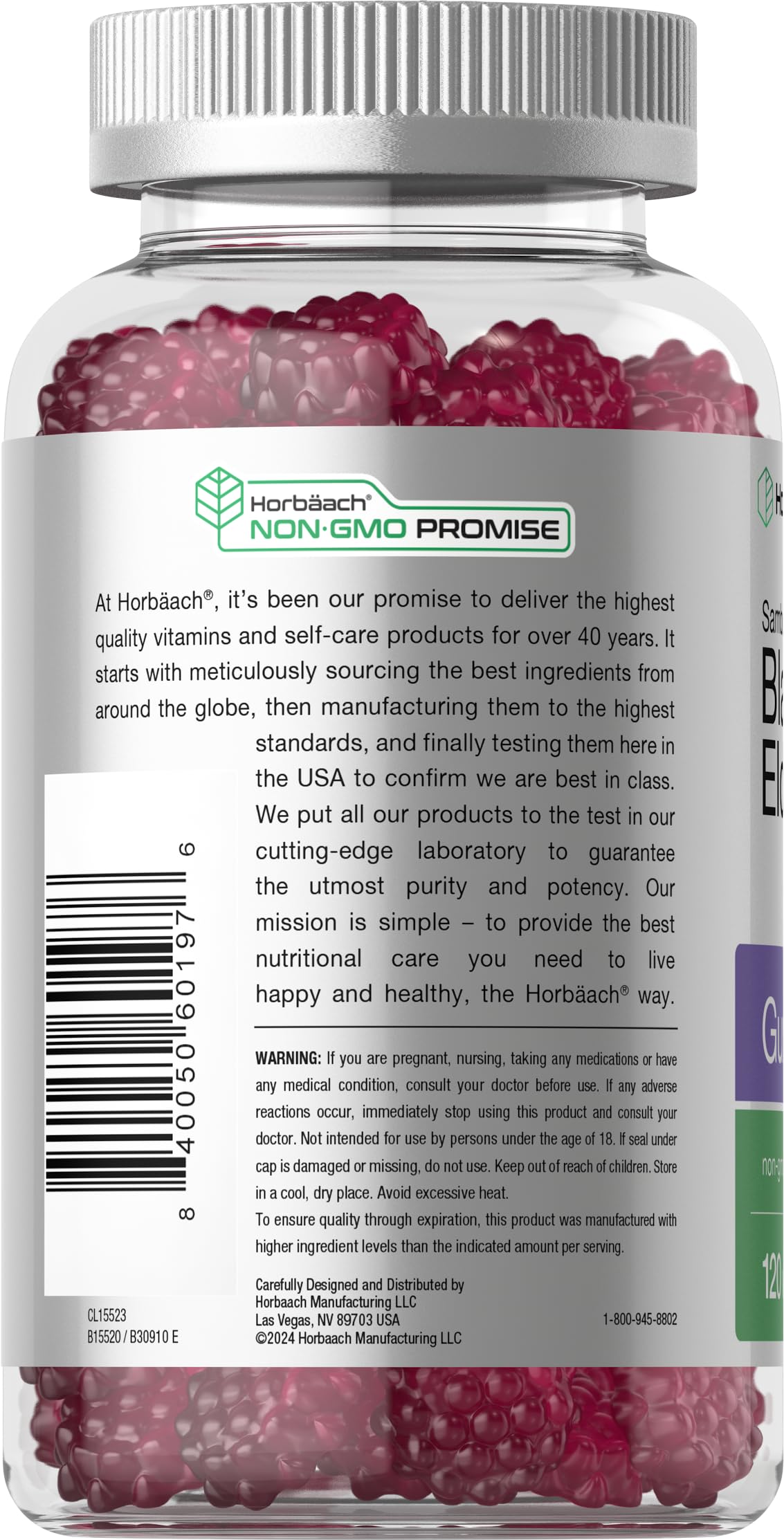 Horbaach Elderberry Gummies bottle showing berry flavor label