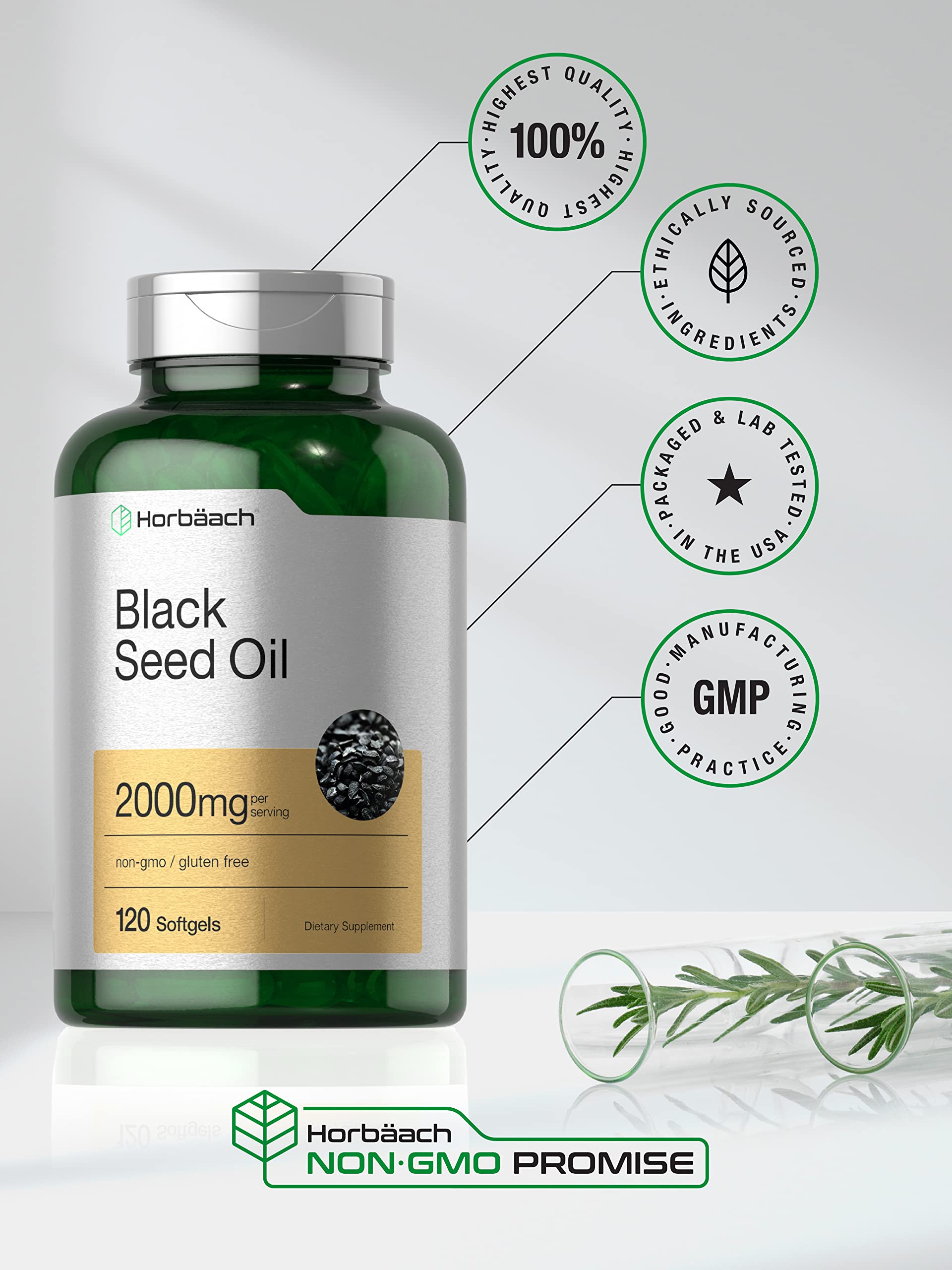 Non-GMO and gluten-free label for Horbaach Black Seed Oil