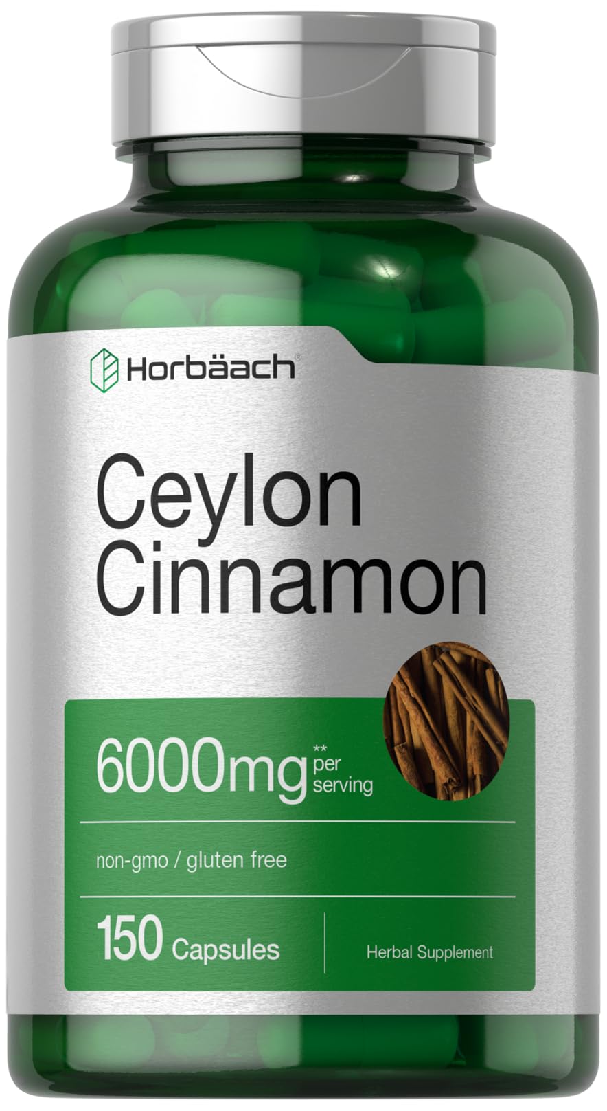 Horbäach Ceylon Cinnamon Capsules bottle label 6000 mg 150 count