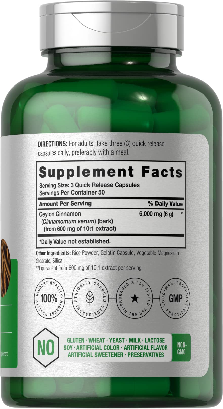 Close-up of Horbäach Ceylon Cinnamon Capsules bottle label