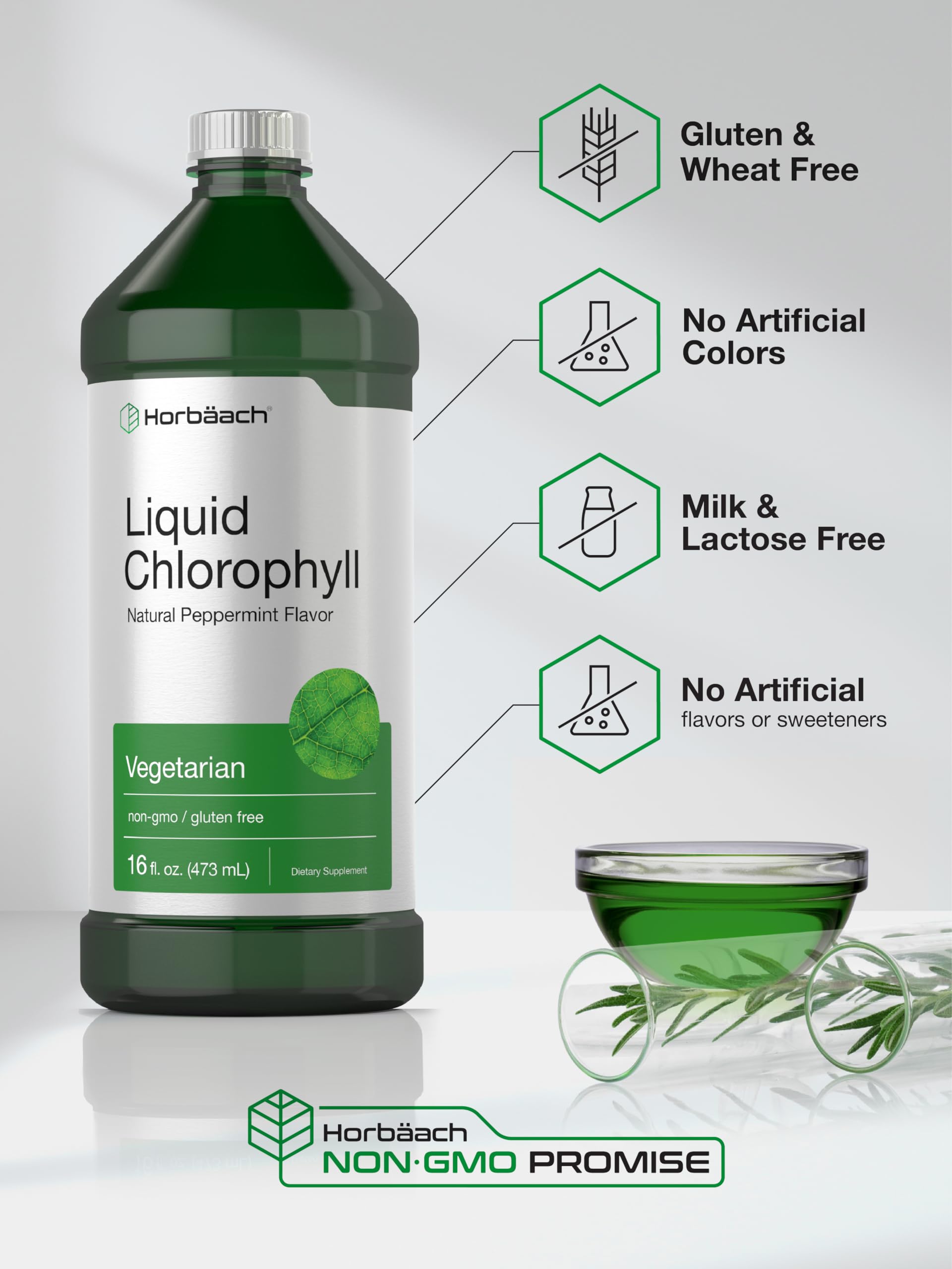 Packaging of Horbäach Chlorophyll Liquid Drops 32 oz
