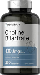 Horbaach Choline Bitartrate supplement bottle, 1000mg, 250 capsules