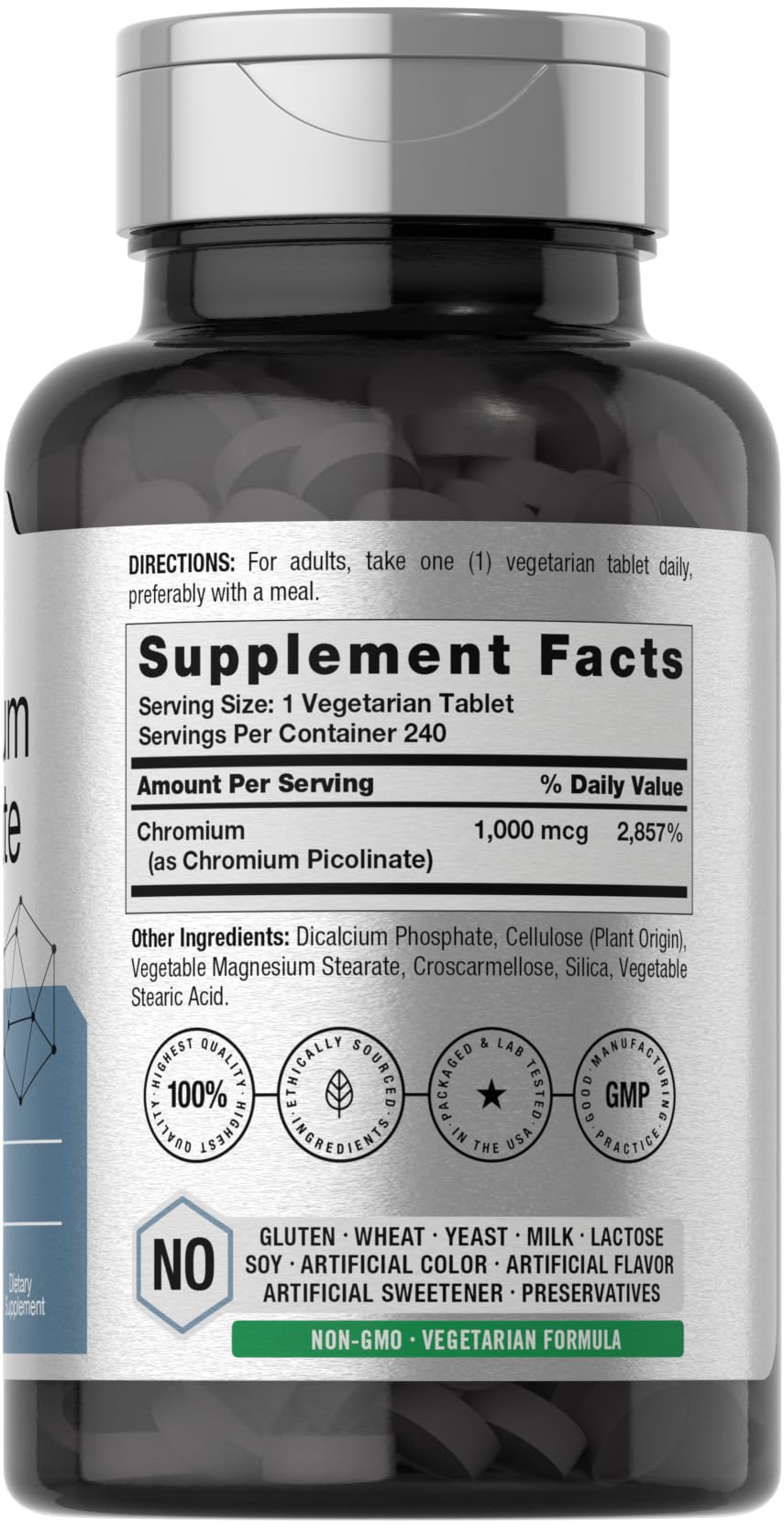 Back label showing supplement facts for Horbaach Chromium Picolinate 1000mcg