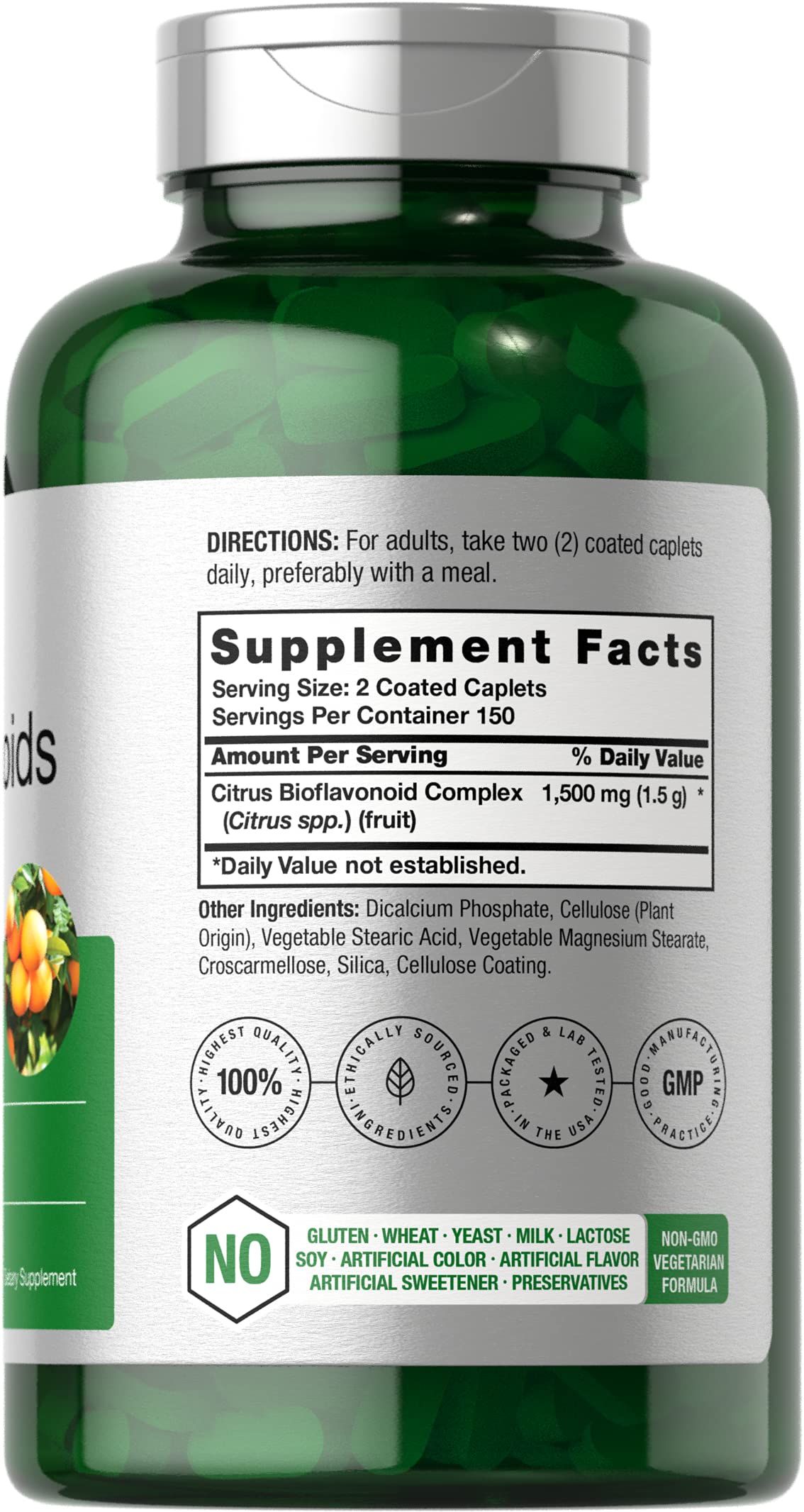 Close-up of Horbäach Citrus Bioflavonoids bottle label highlighting 1500 mg