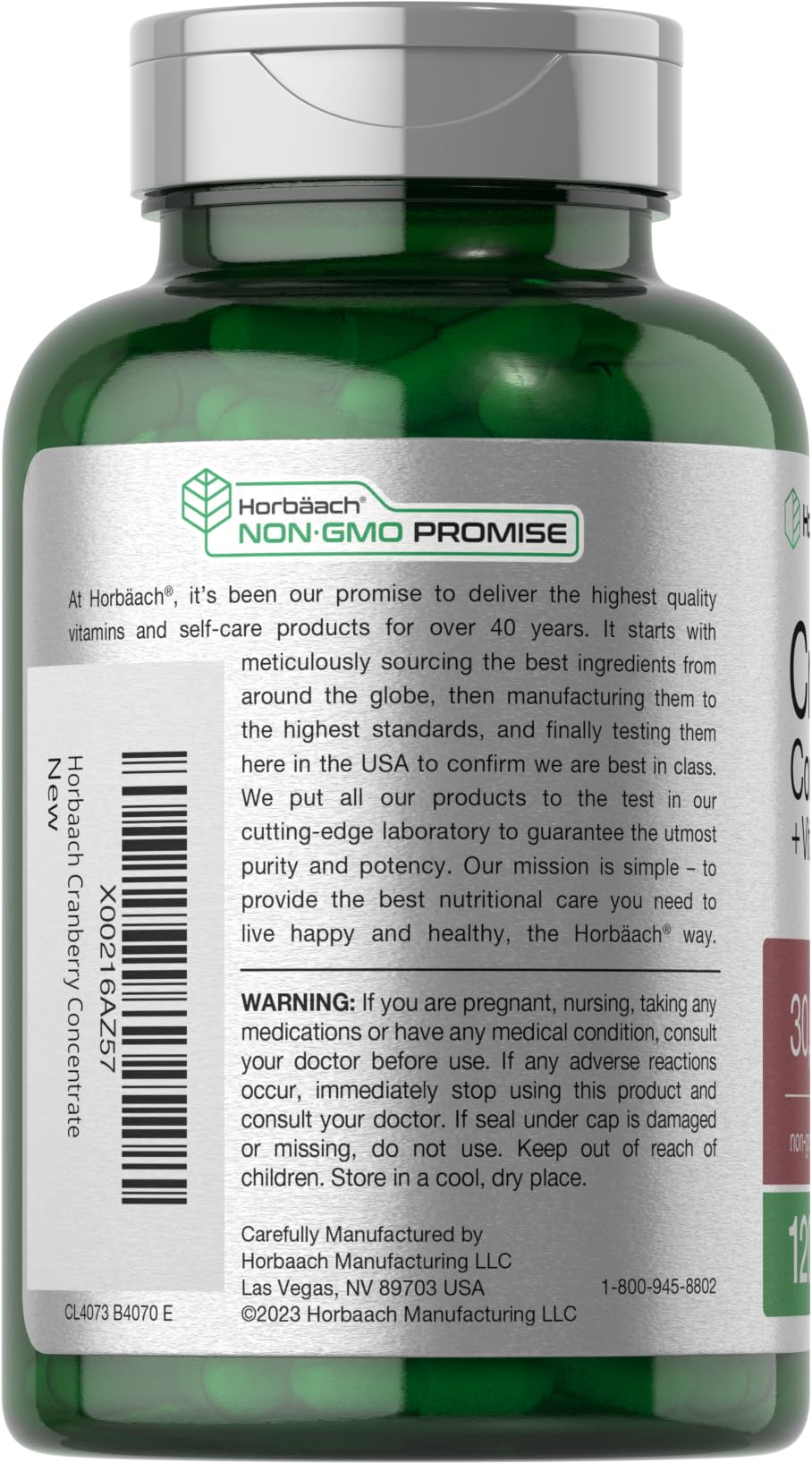 Horbäach Cranberry Concentrate label close-up showing non-GMO and gluten-free.