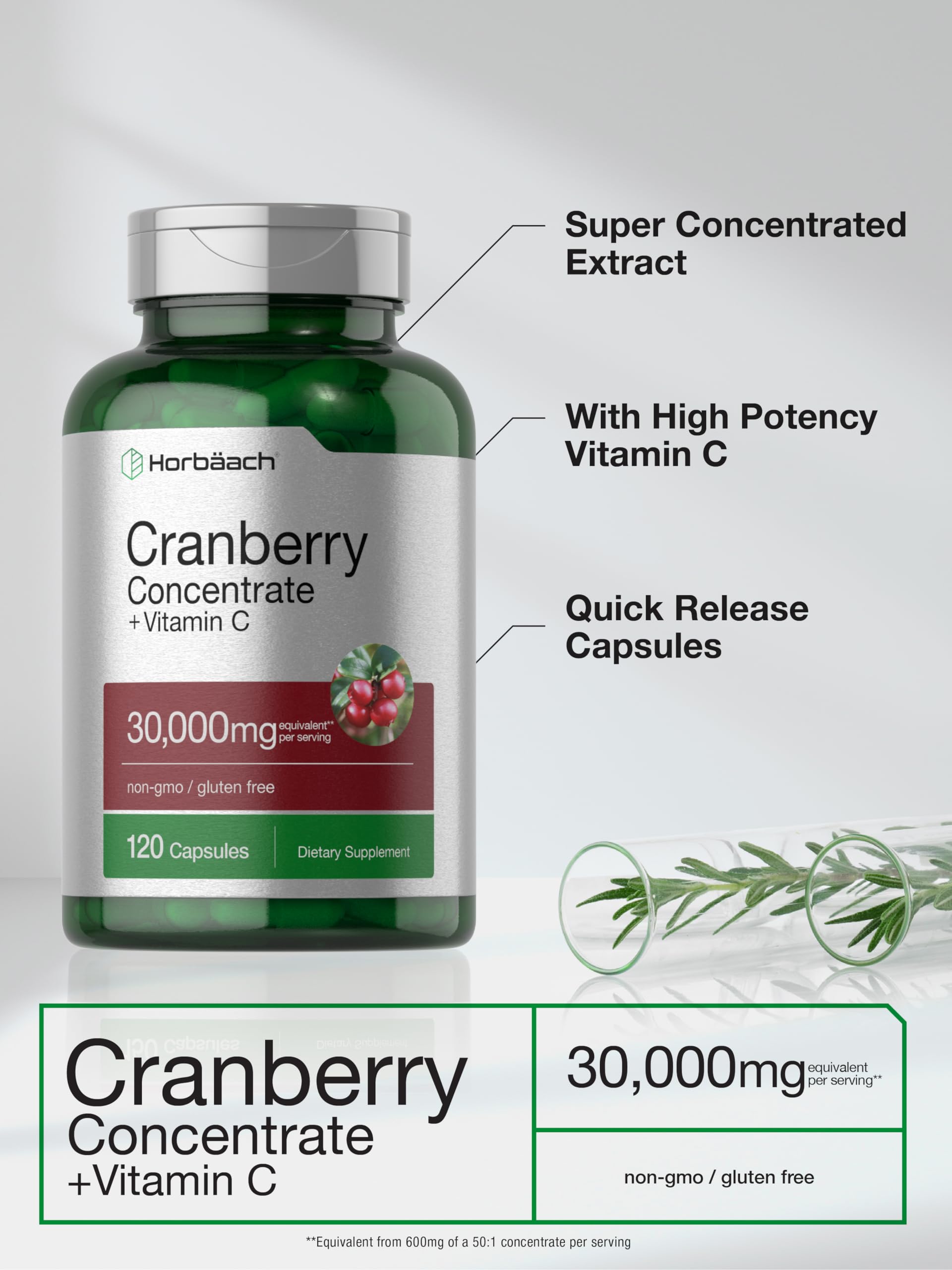 Per serving potency of 30,000 mg cranberry plus 200 mg Vitamin C