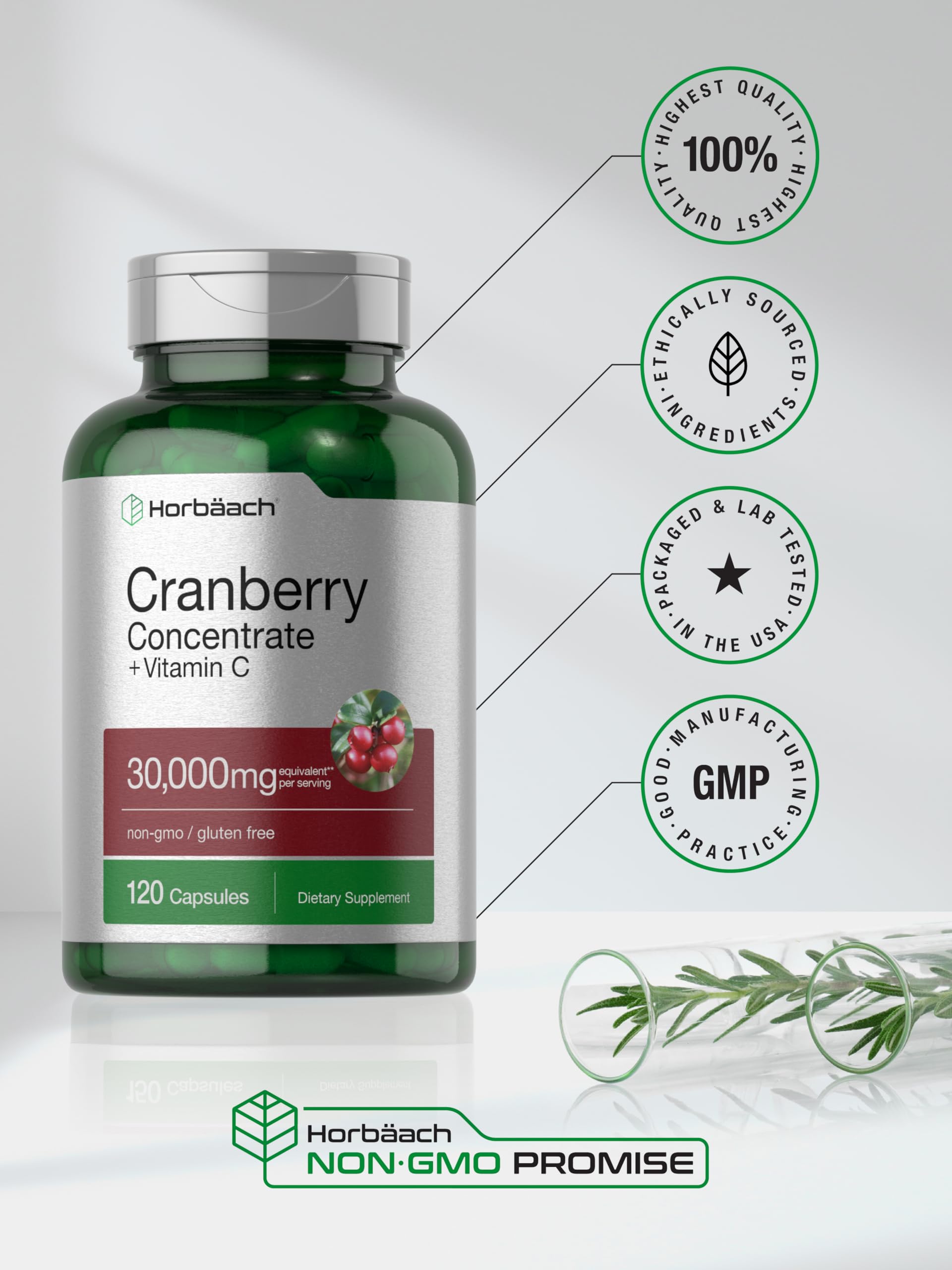Horbäach Cranberry Concentrate bottle with Vitamin C icon indicating potency.