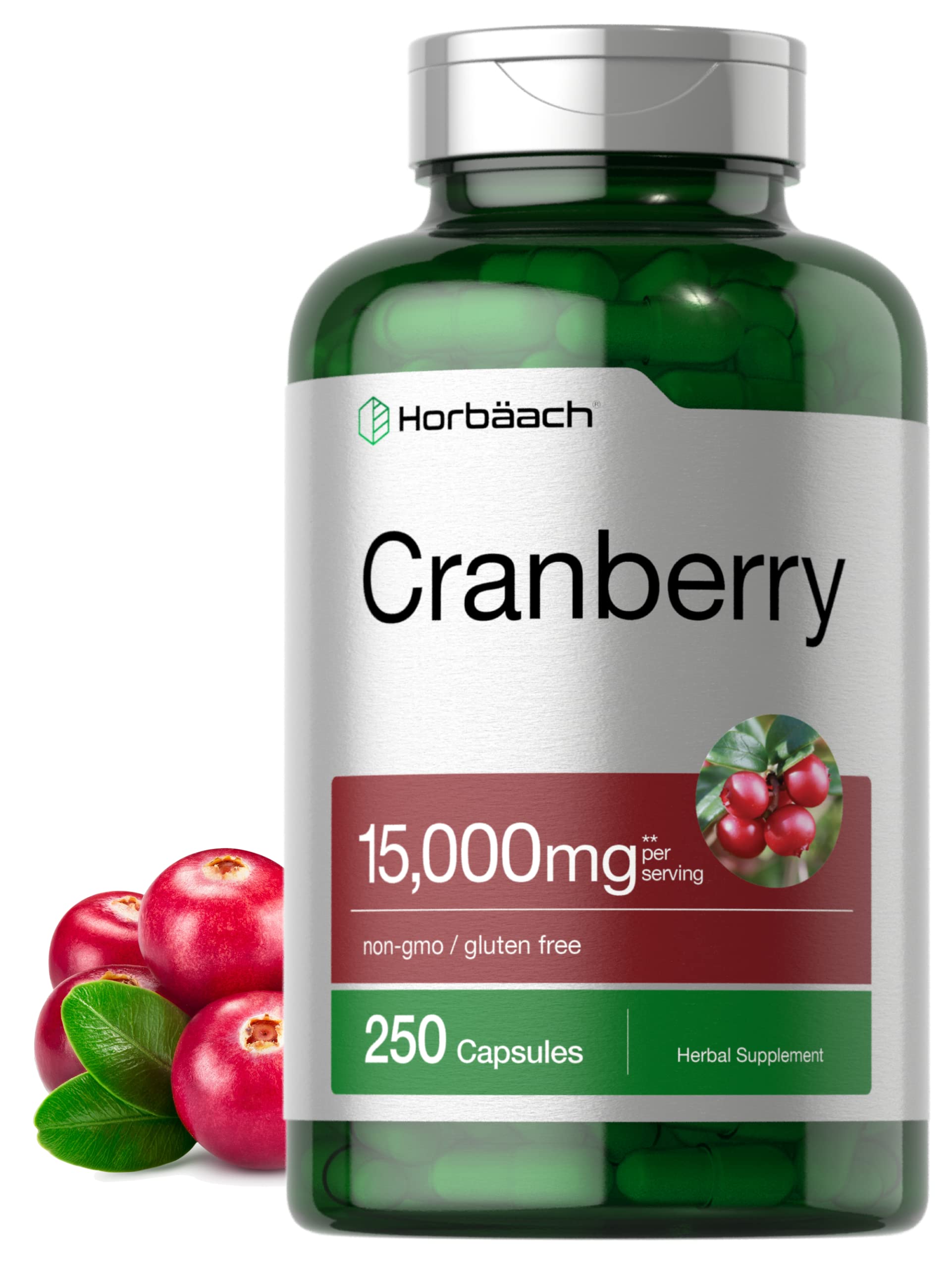 Bottle of Horbaach Cranberry Pills with Vitamin C showing 15,000 mg content