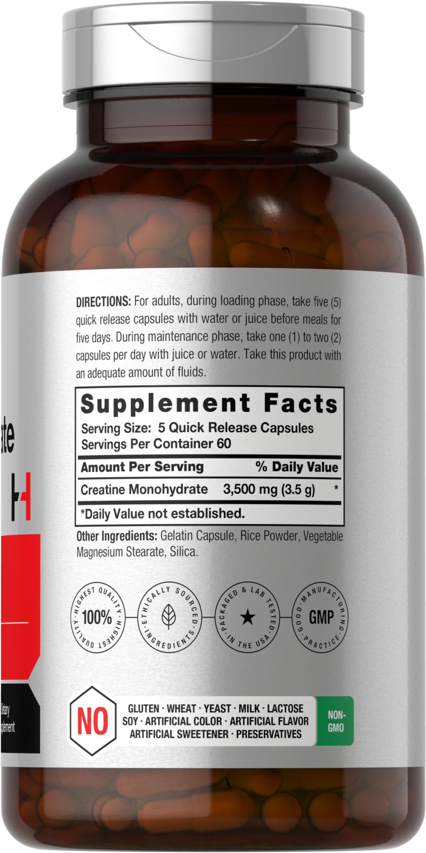 Close-up of Creatine Monohydrate capsules in bottle