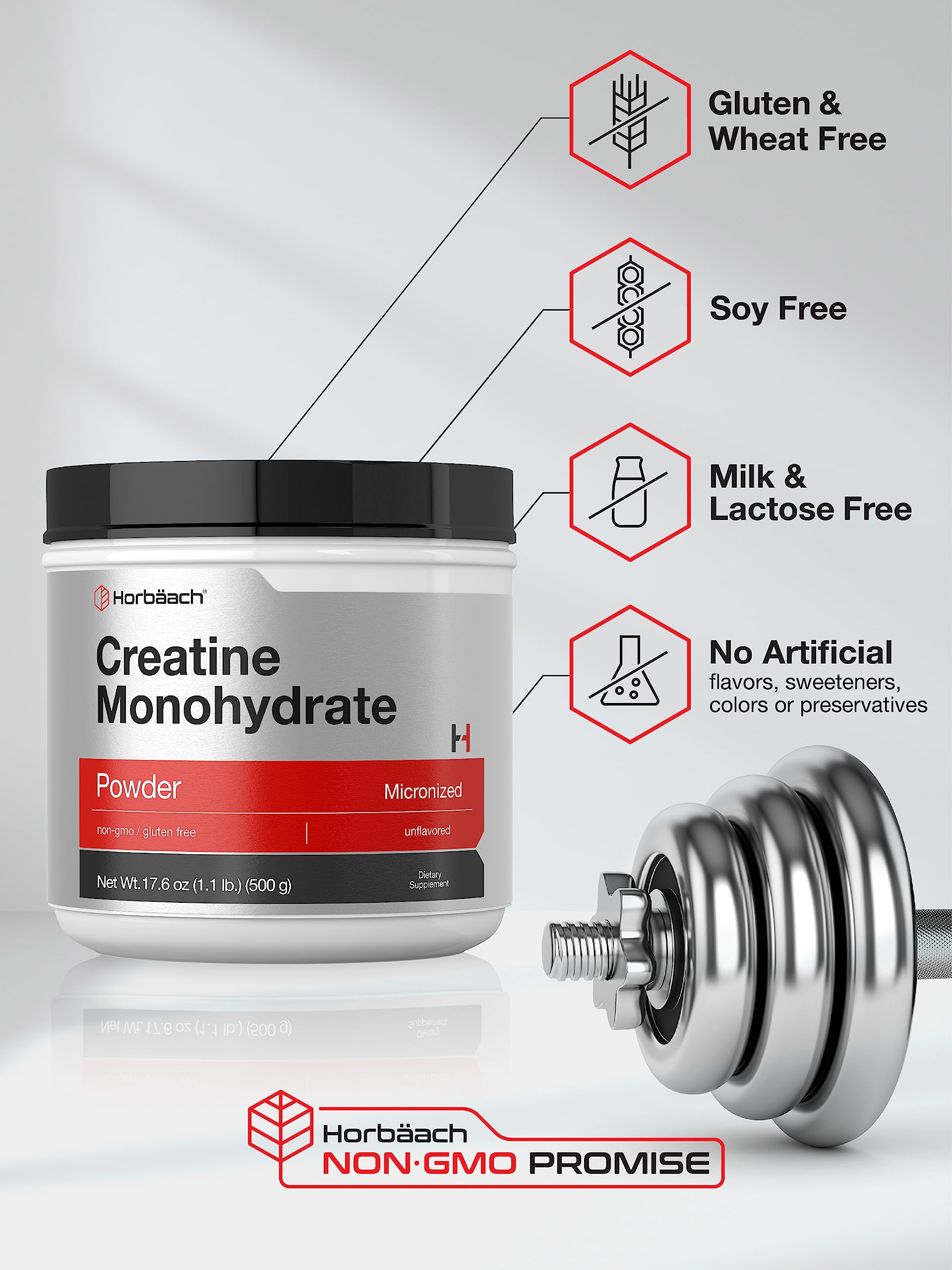 Horbäach Creatine Monohydrate Powder container with logo