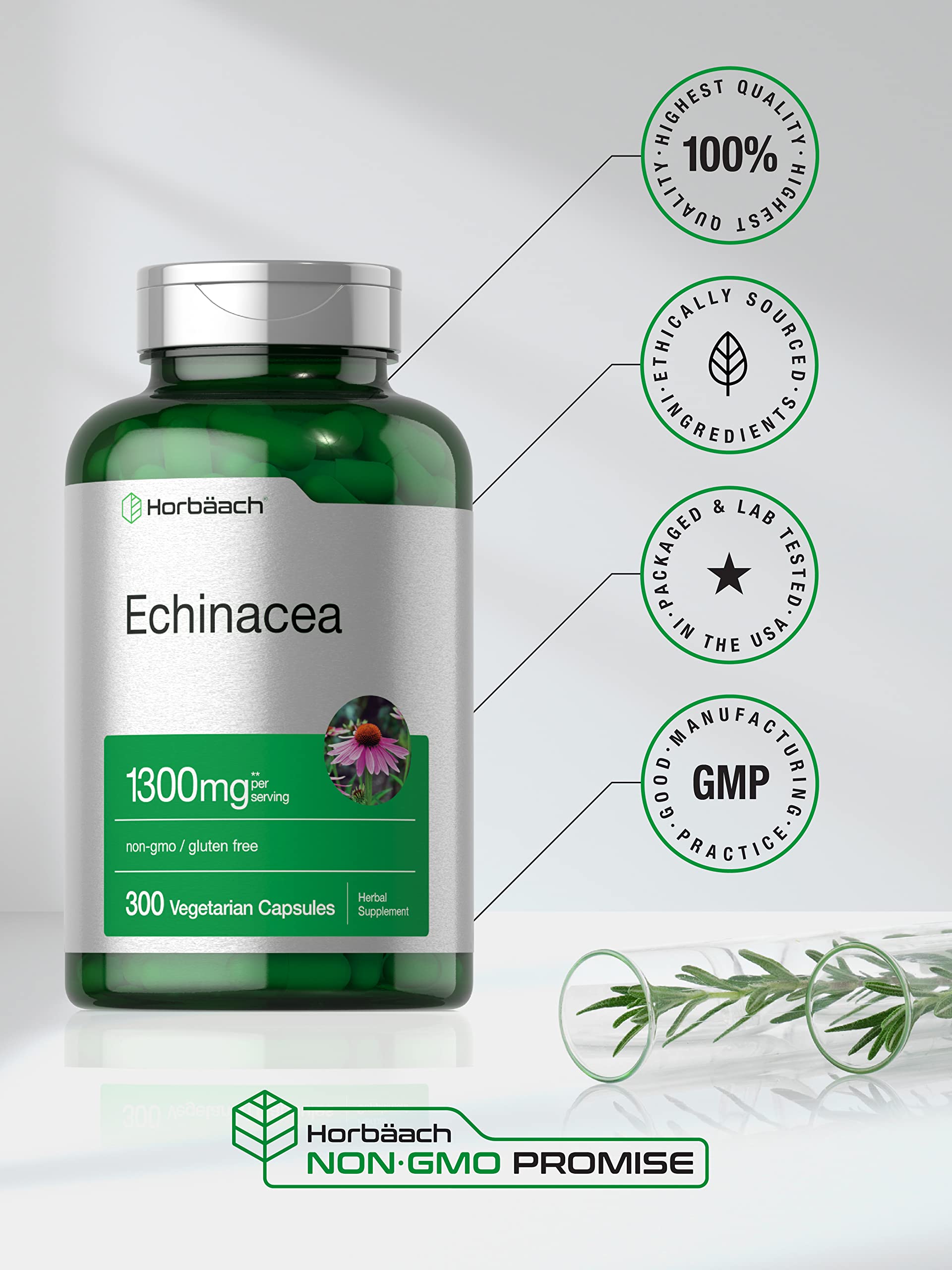 Non-GMO Horbäach echinacea capsules on white background