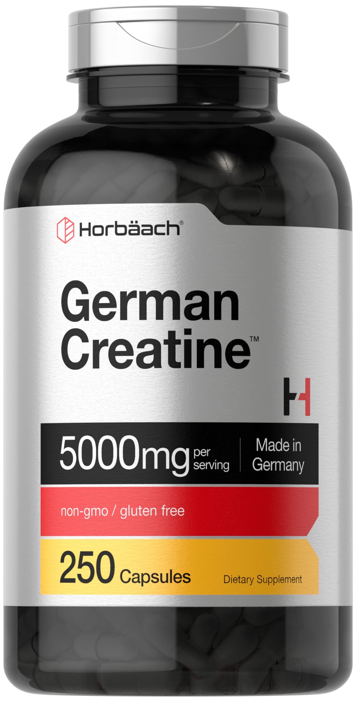 Horbaach German Creatine Monohydrate bottle – 5000mg per serving, 250 capsules