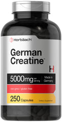 Horbaach German Creatine Monohydrate bottle – 5000mg per serving, 250 capsules